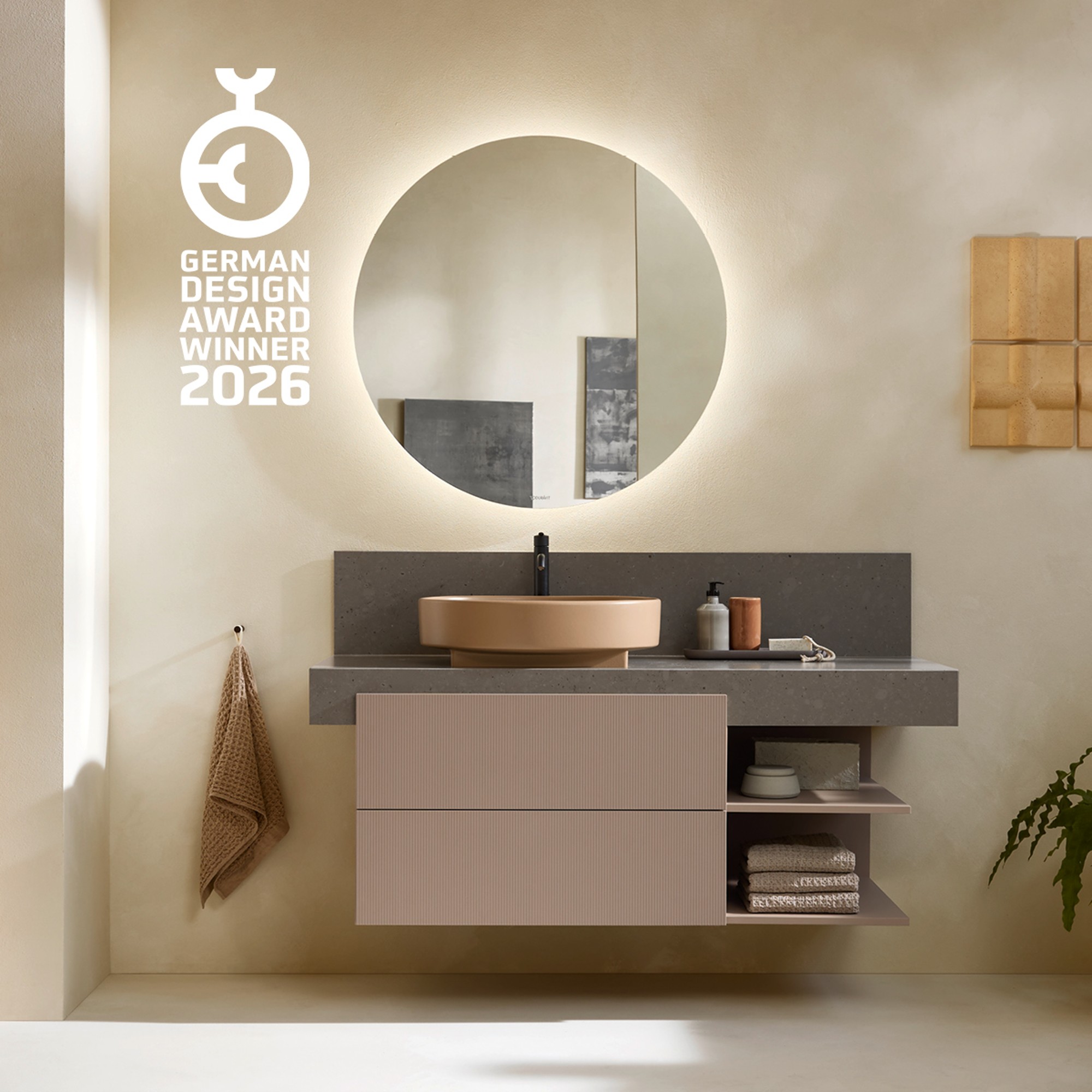 Front view of the sink area with a Balcoon sink and the German Design Award logo