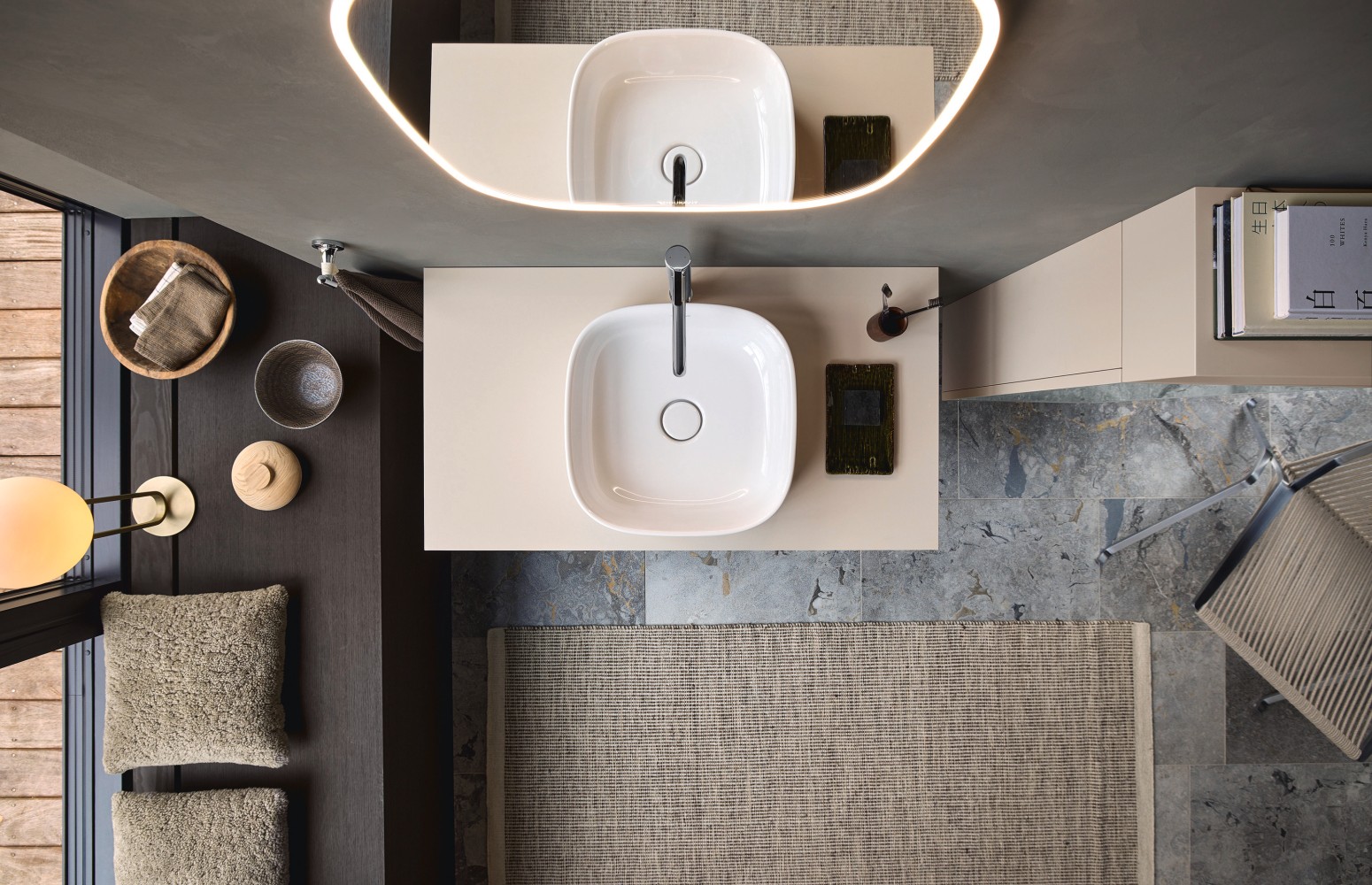 Sink area with Duravit Zencha countertop basin and mirror from a bird's eye view