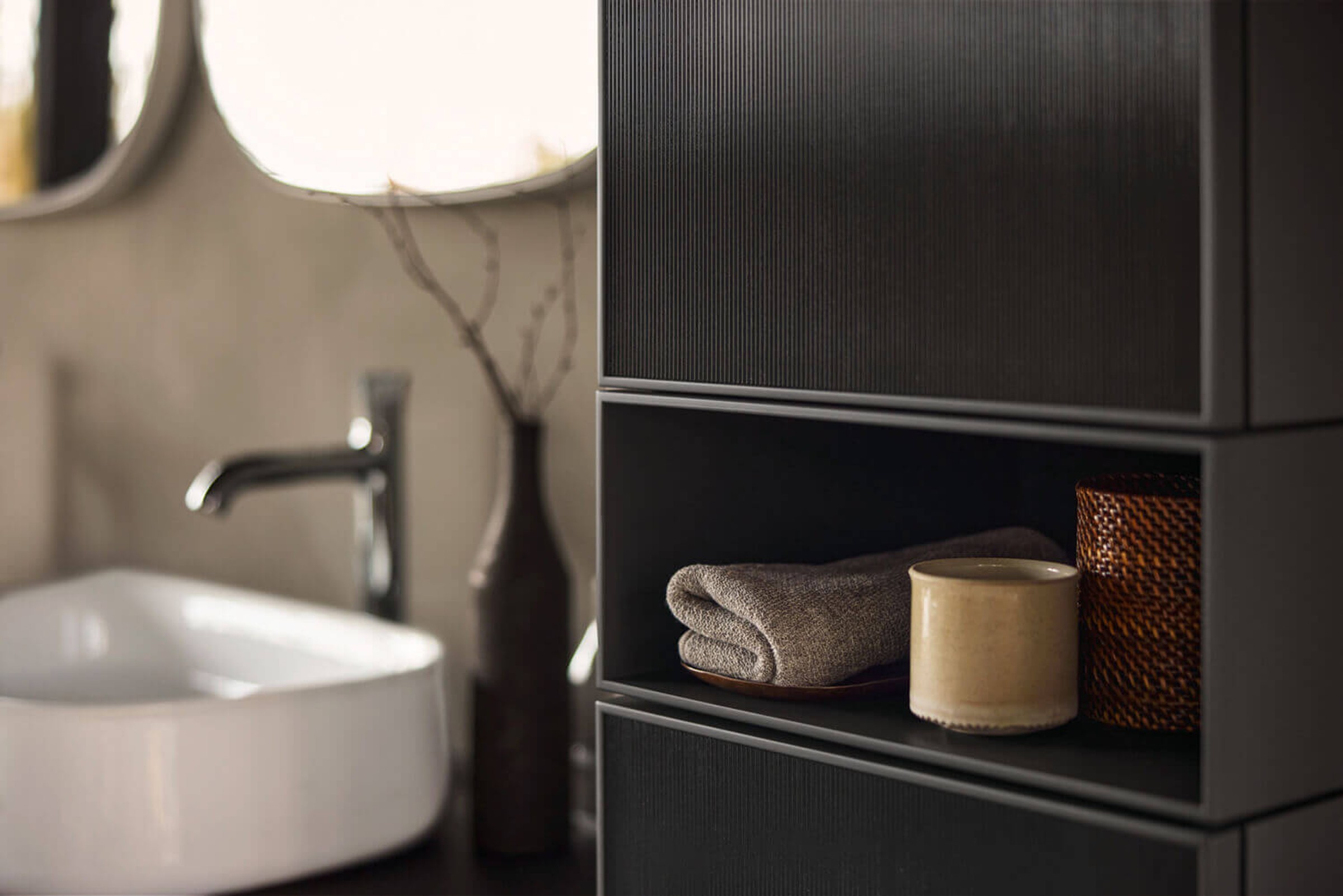 Zencha tall cabinet and countertop sink with White Tulip faucet