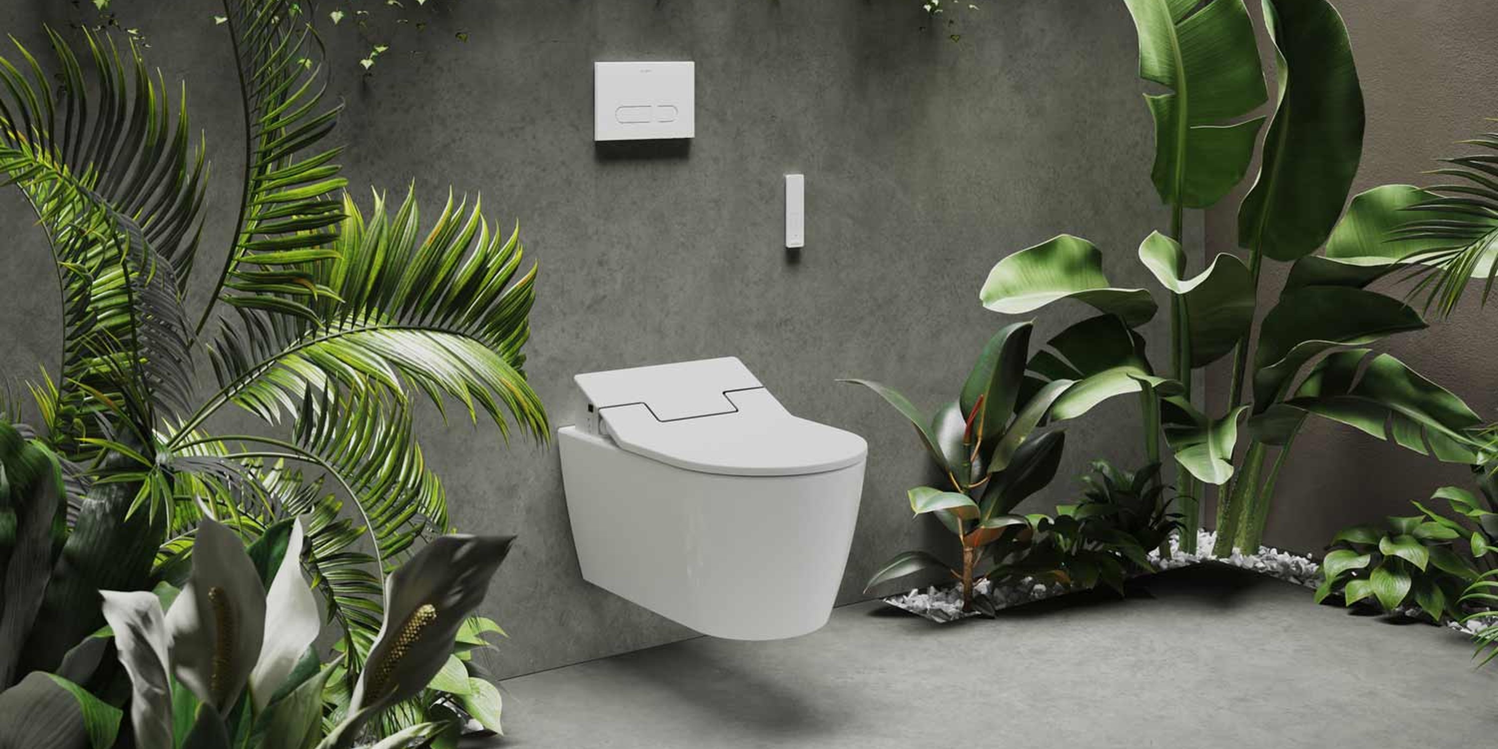 Mehrere große Pflanzen neben einem WC