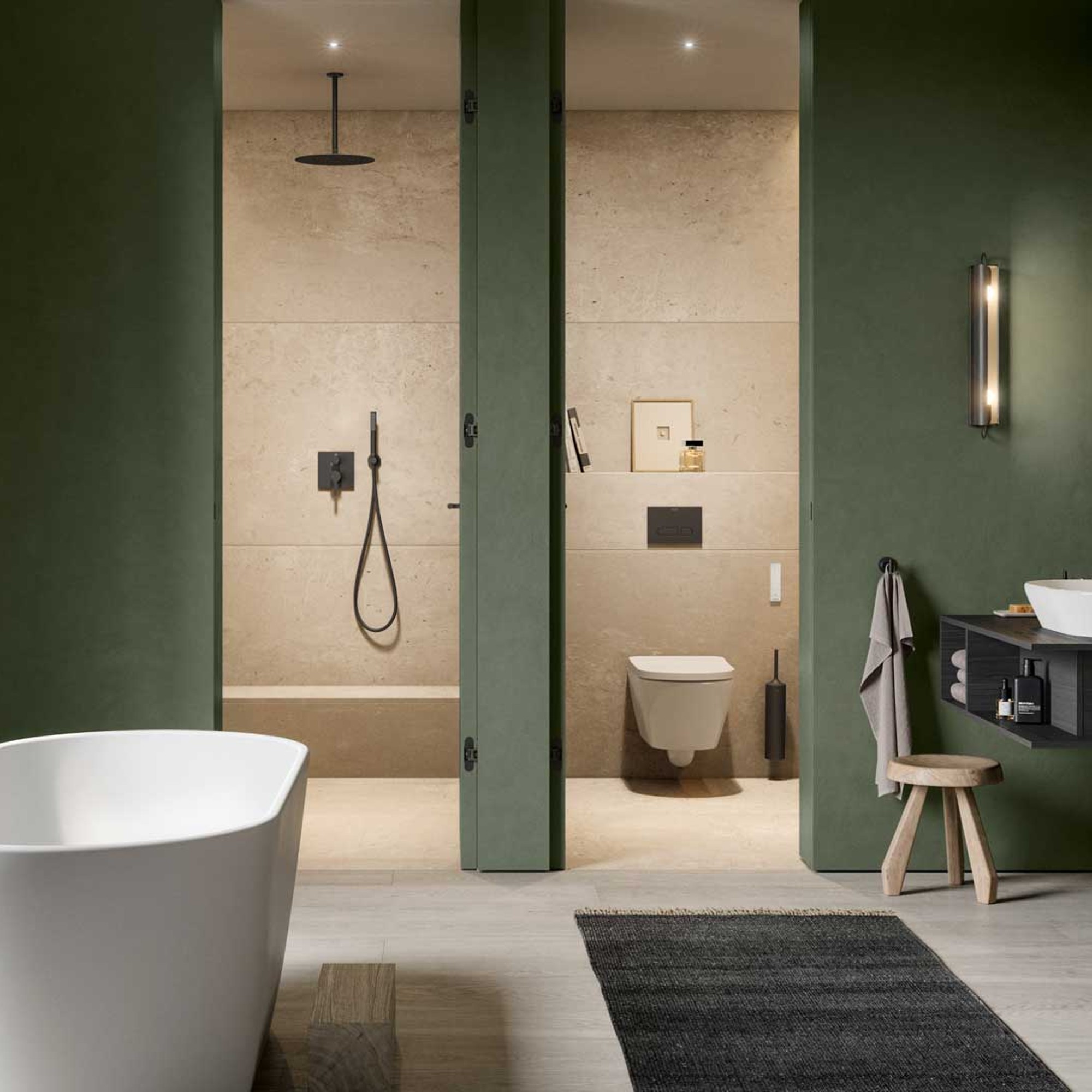 Medernes, offenes Badezimmer mit Waschplatz, Toilette und freistehender Badewanne der Serie D-Neo von Duravit
