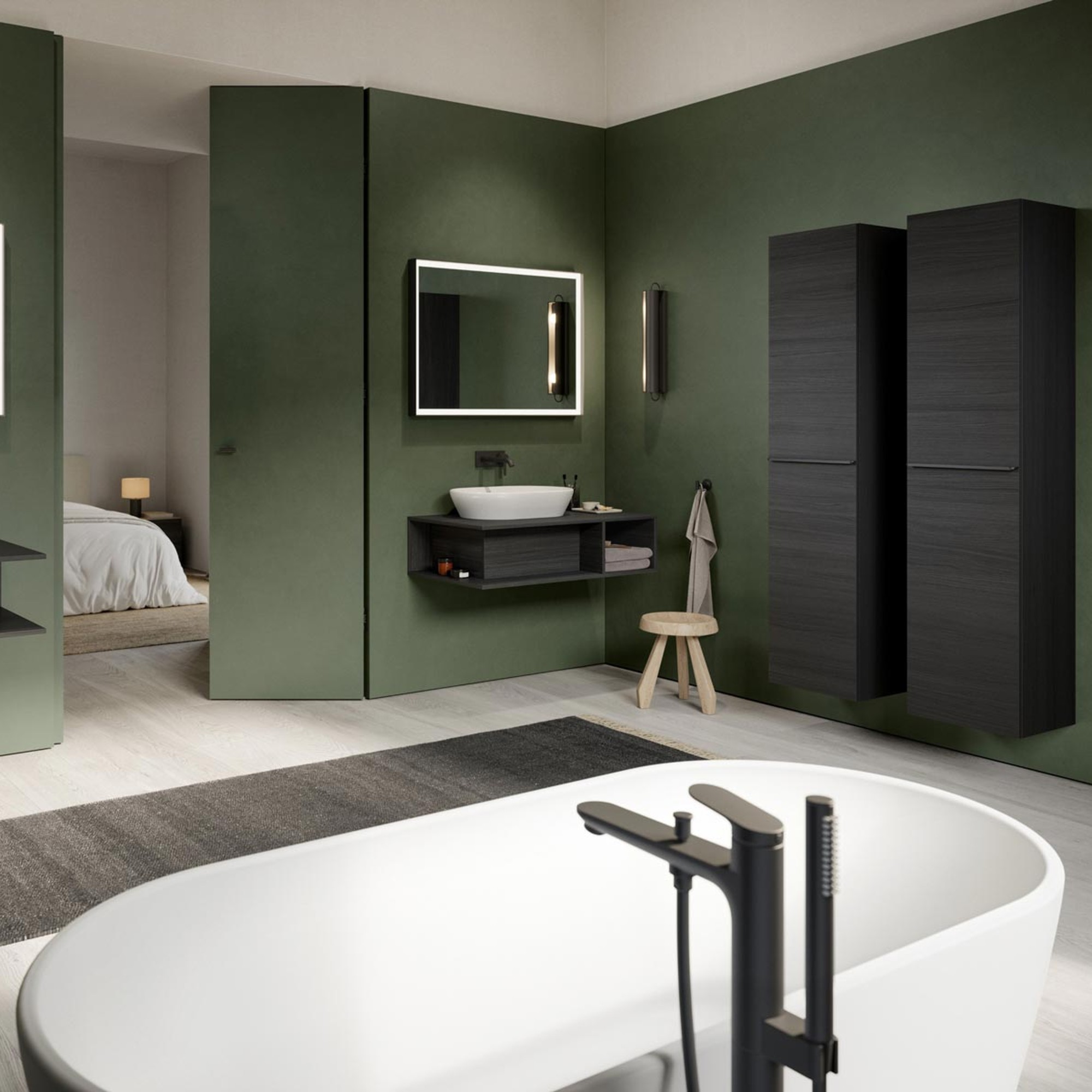 Duravit Badezimmer mit freistehender Badewanne, wandhängendem Waschbecken und dunklen Schränken in einem grünen Bad