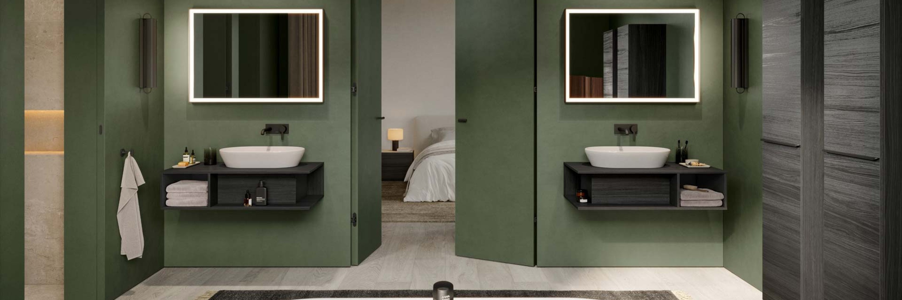 Duravit Badezimmer mit grünen Wänden, freistehender Badewanne, zwei Waschbecken, leuchtenden Spiegeln und Holzmöbeln