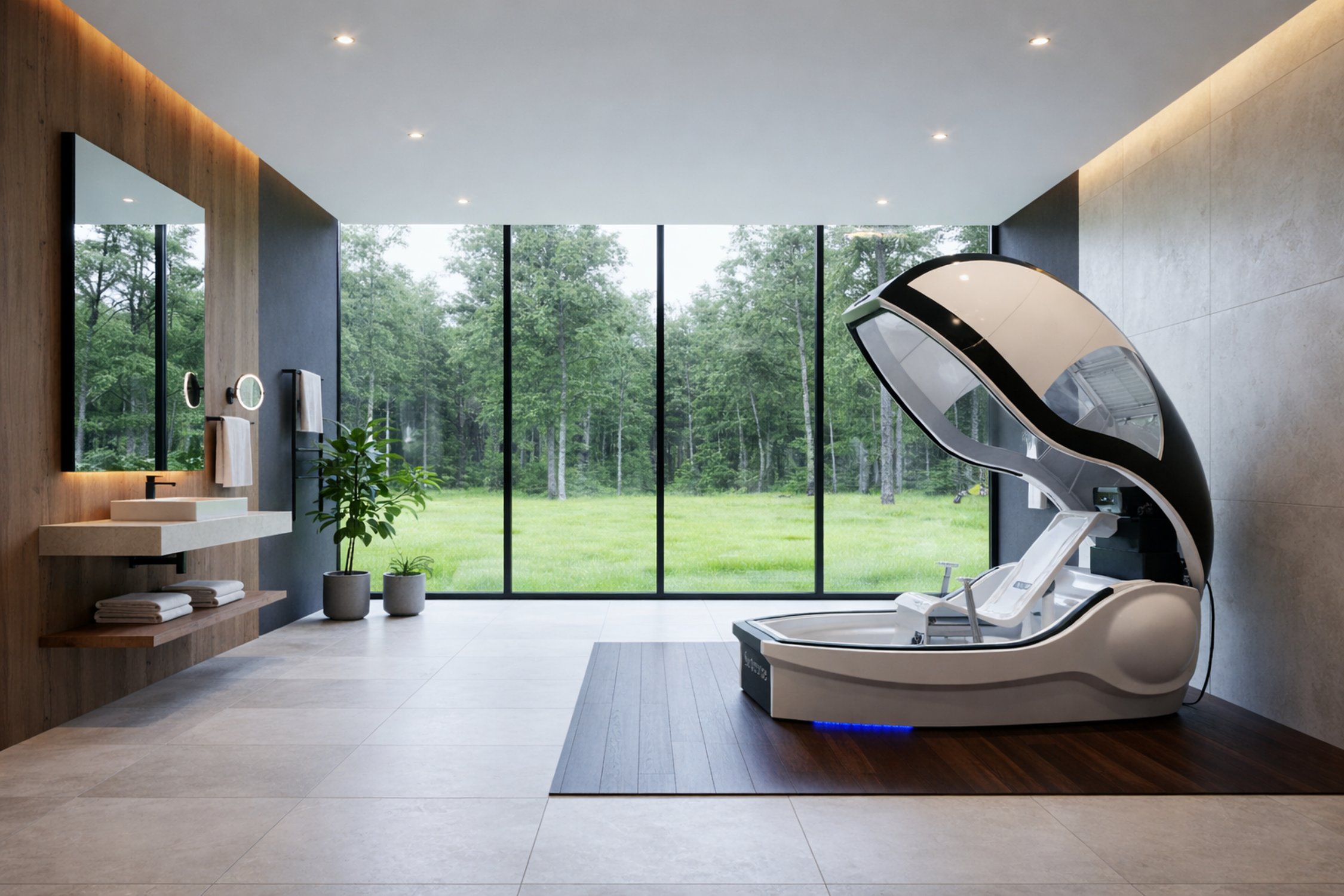 Geöffnete Duschkapsel in modernem Badezimmer mit bodentiefen Fenstern