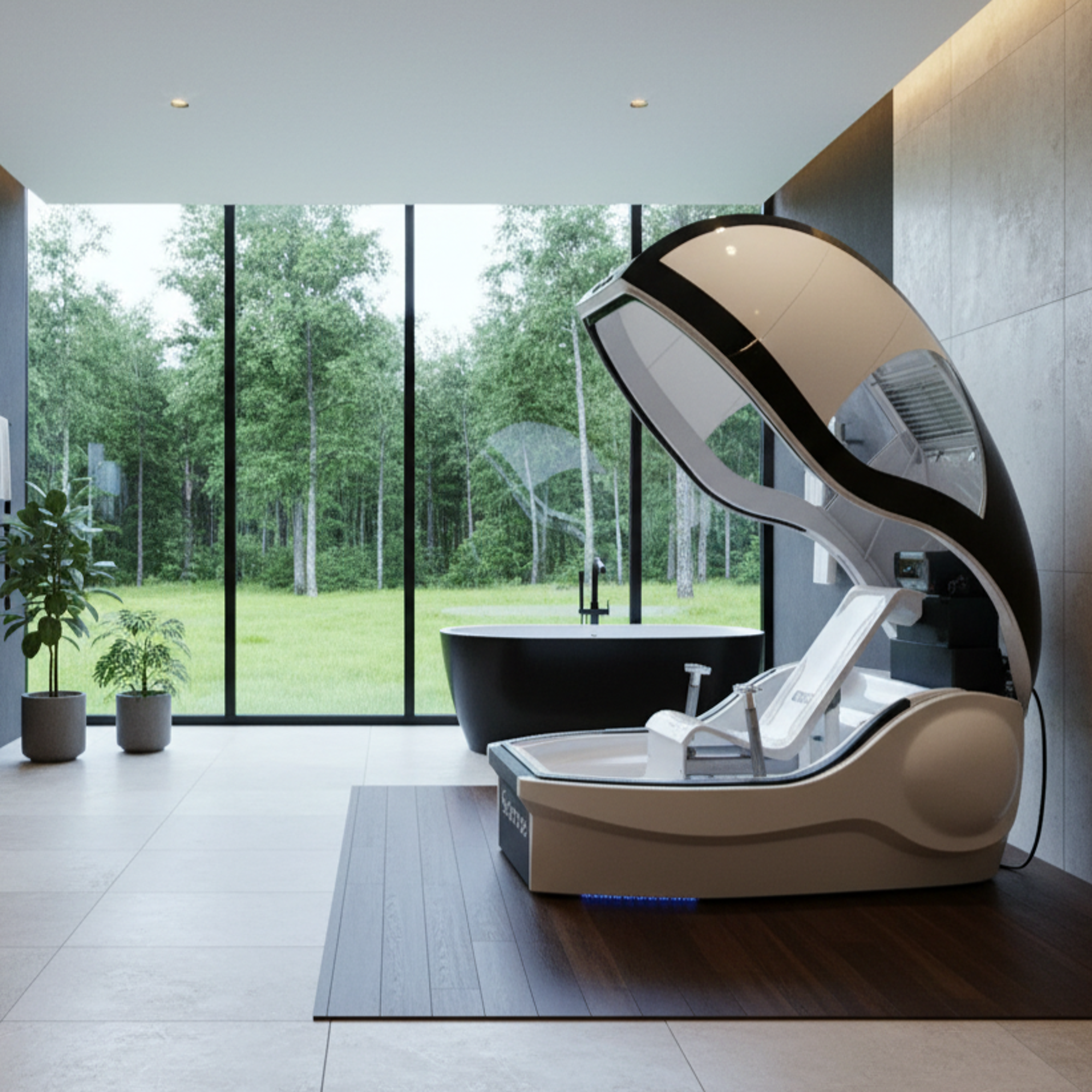 Geöffnete Duschkapsel in modernem Badezimmer mit bodentiefen Fenstern