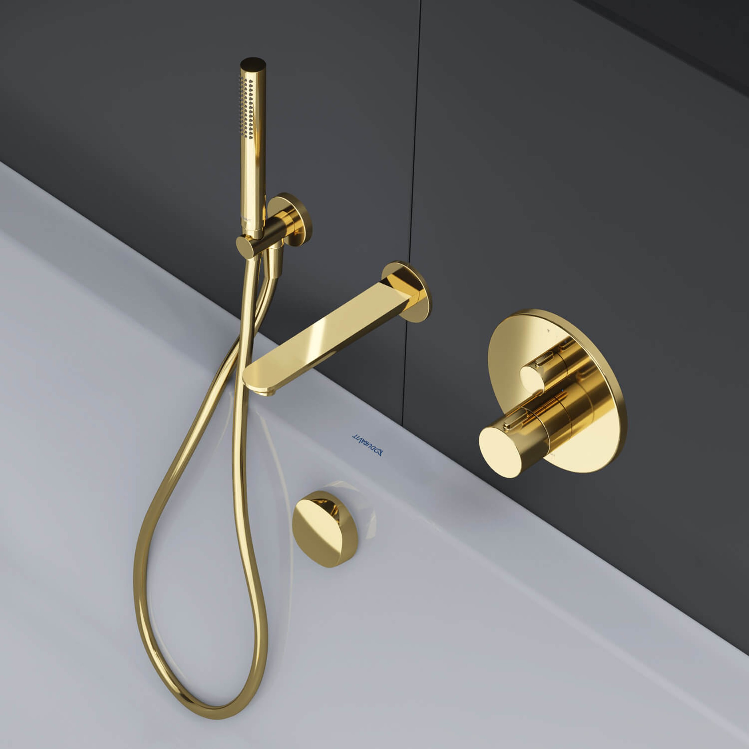 Golden faucets from the Duravit Wave series on a bathtub