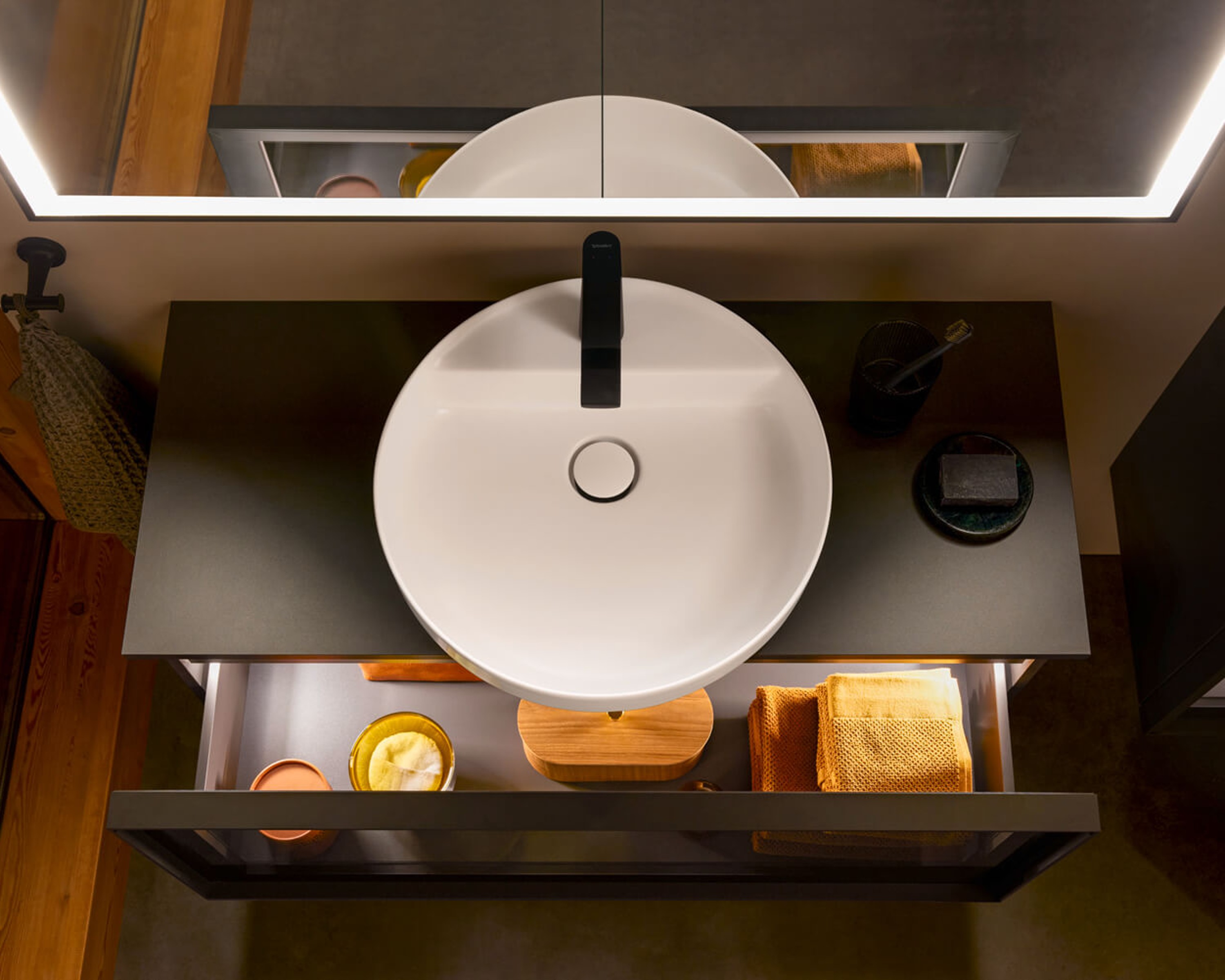 Vitrium vanity viewed from above with drawer open