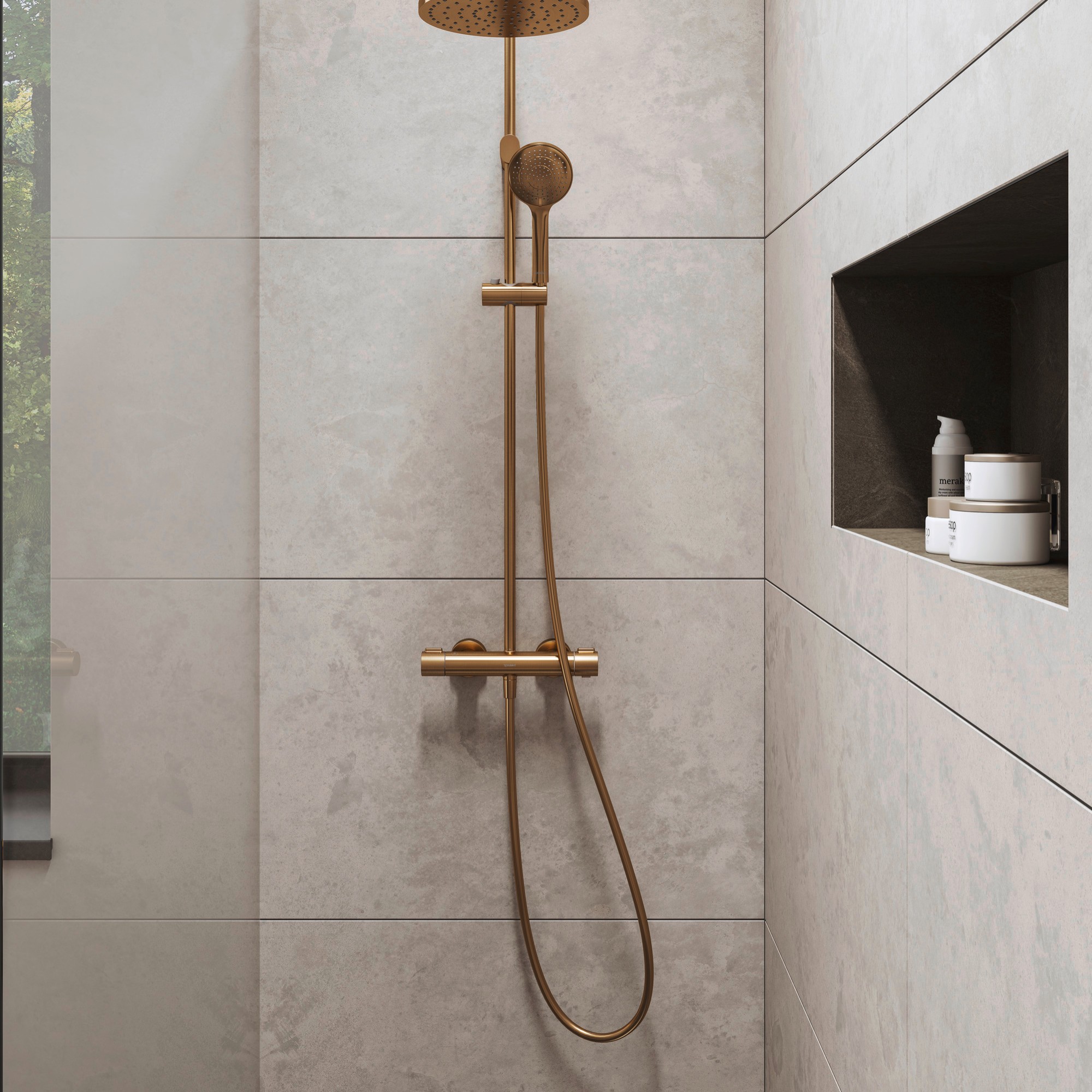 Duravit Sustano shower system on a tiled wall