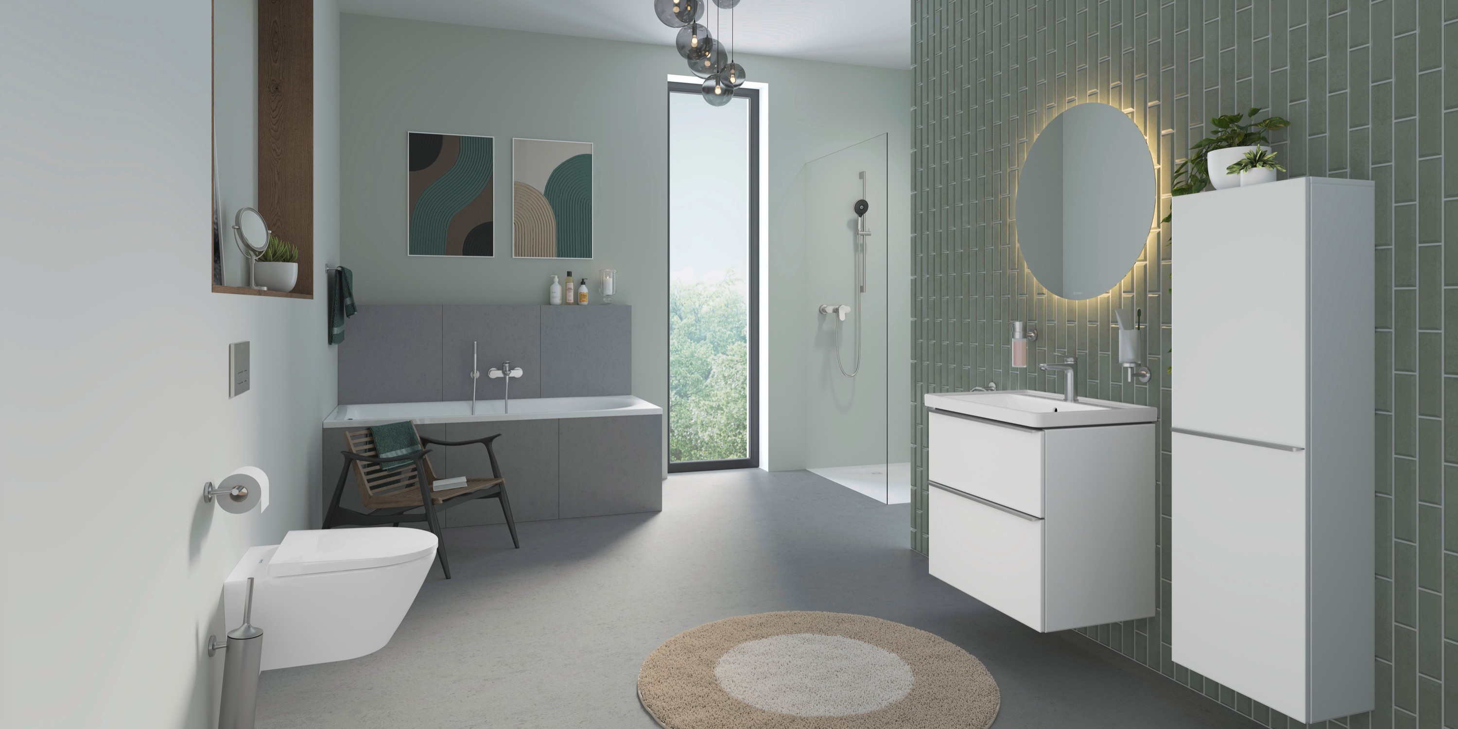 Ein geräumiges Badezimmer in einem natürlichen ruhigen Stil