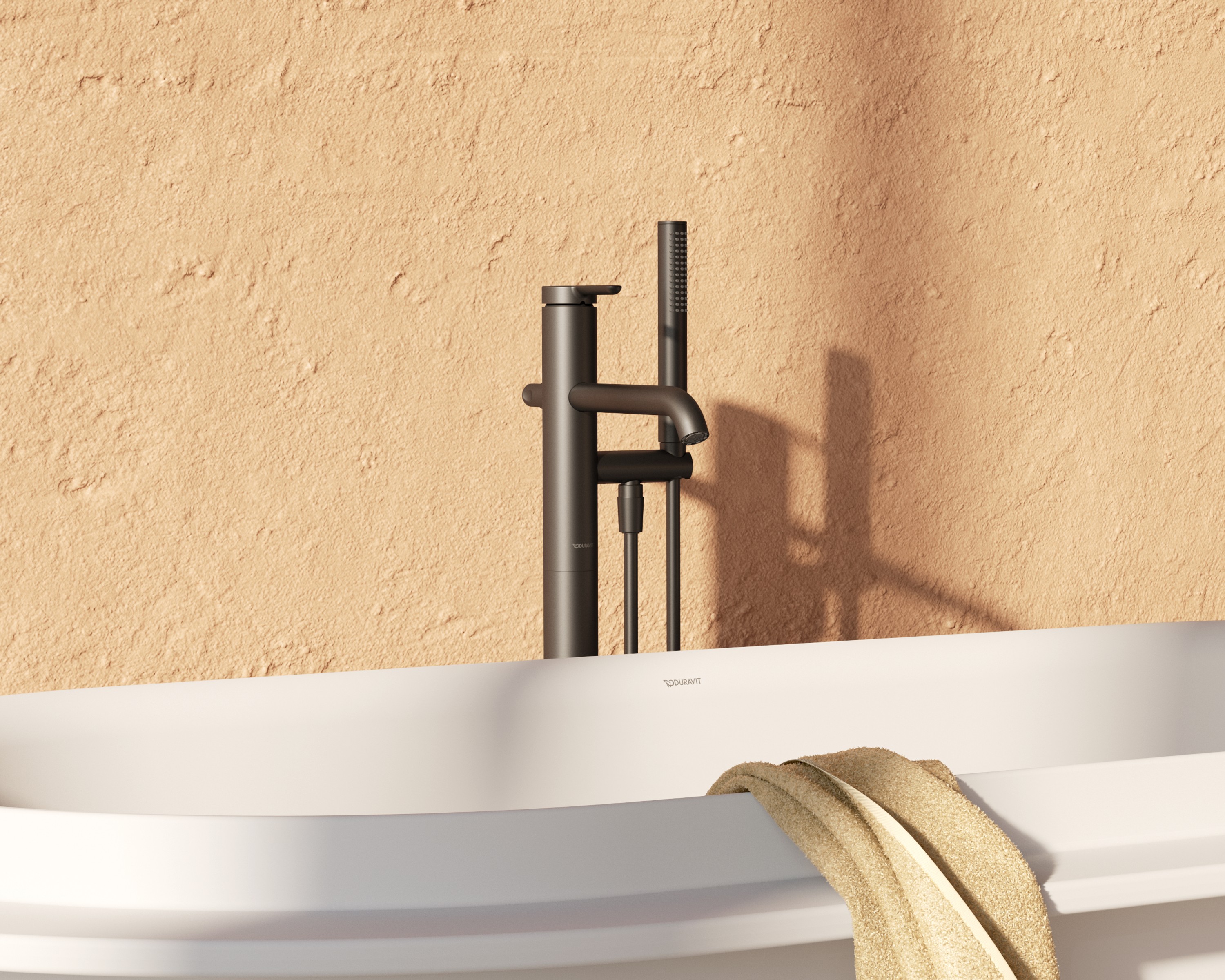 Vitrium bathtub with floor-mounted faucet in matte black