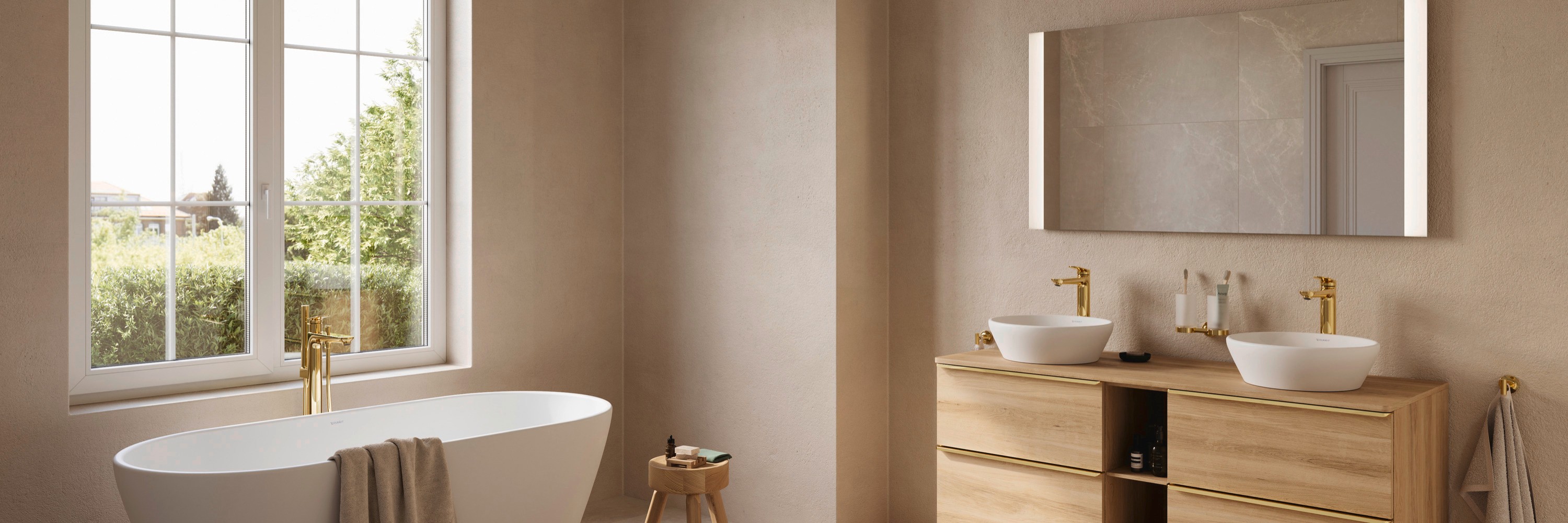 Modern bathroom in warm tones featuring fixtures from Duravit's D-Neo series