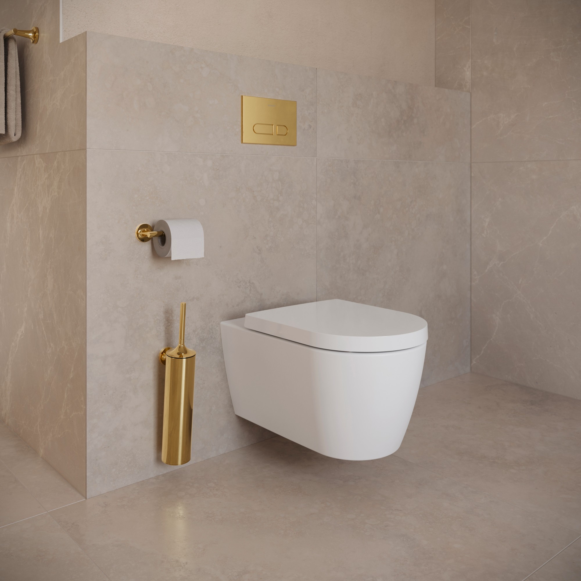 Duravit toilet with gold-plated faucets, control panels, and accessories