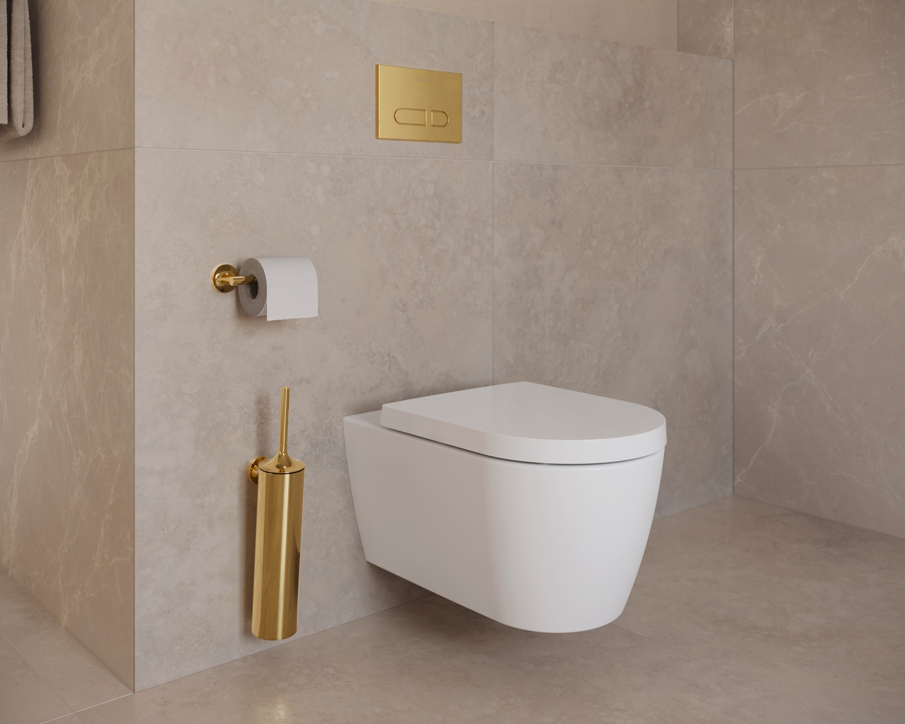 Duravit toilet with gold faucets, control panels, and accessories