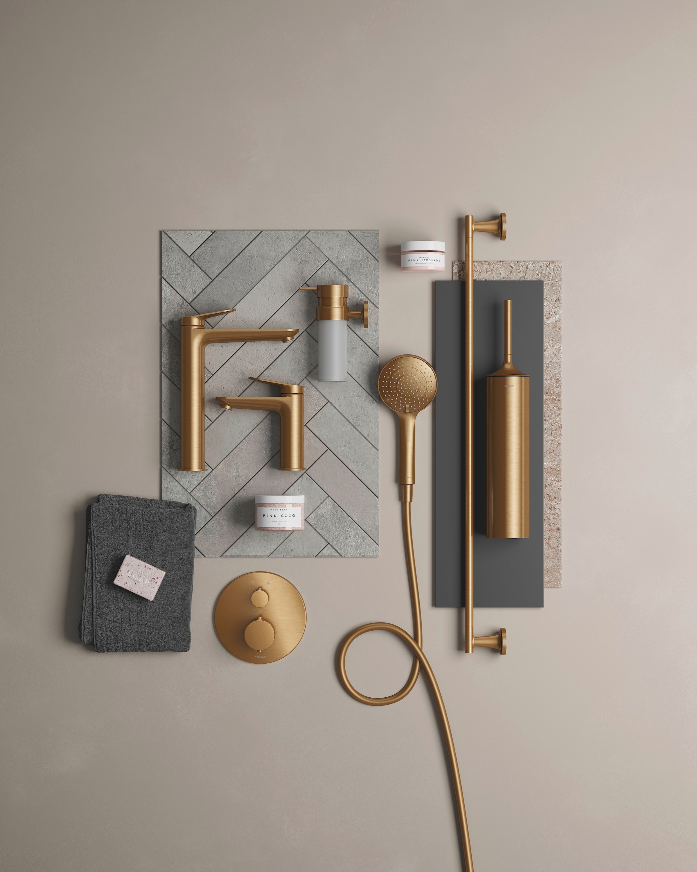 Faucets and accessories in brushed bronze finish from Duravit