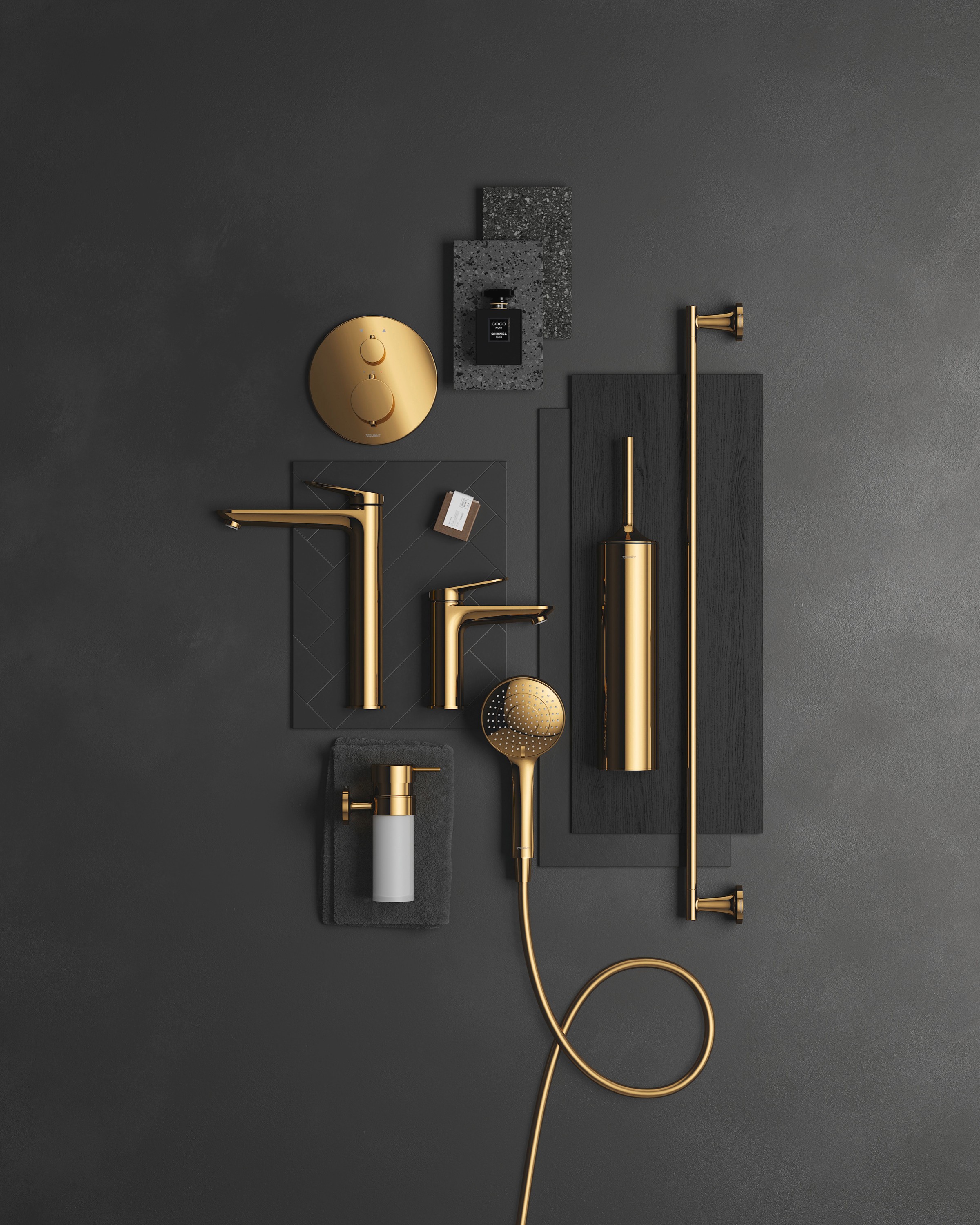Faucets and accessories in polished gold finish from Duravit