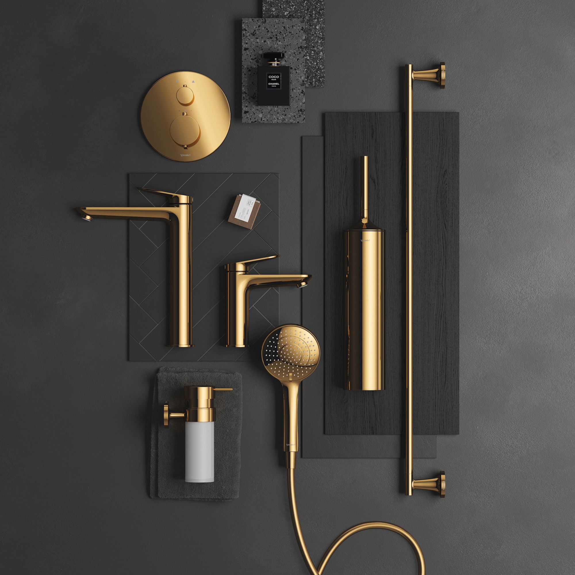 Faucets and accessories in polished gold finish from Duravit