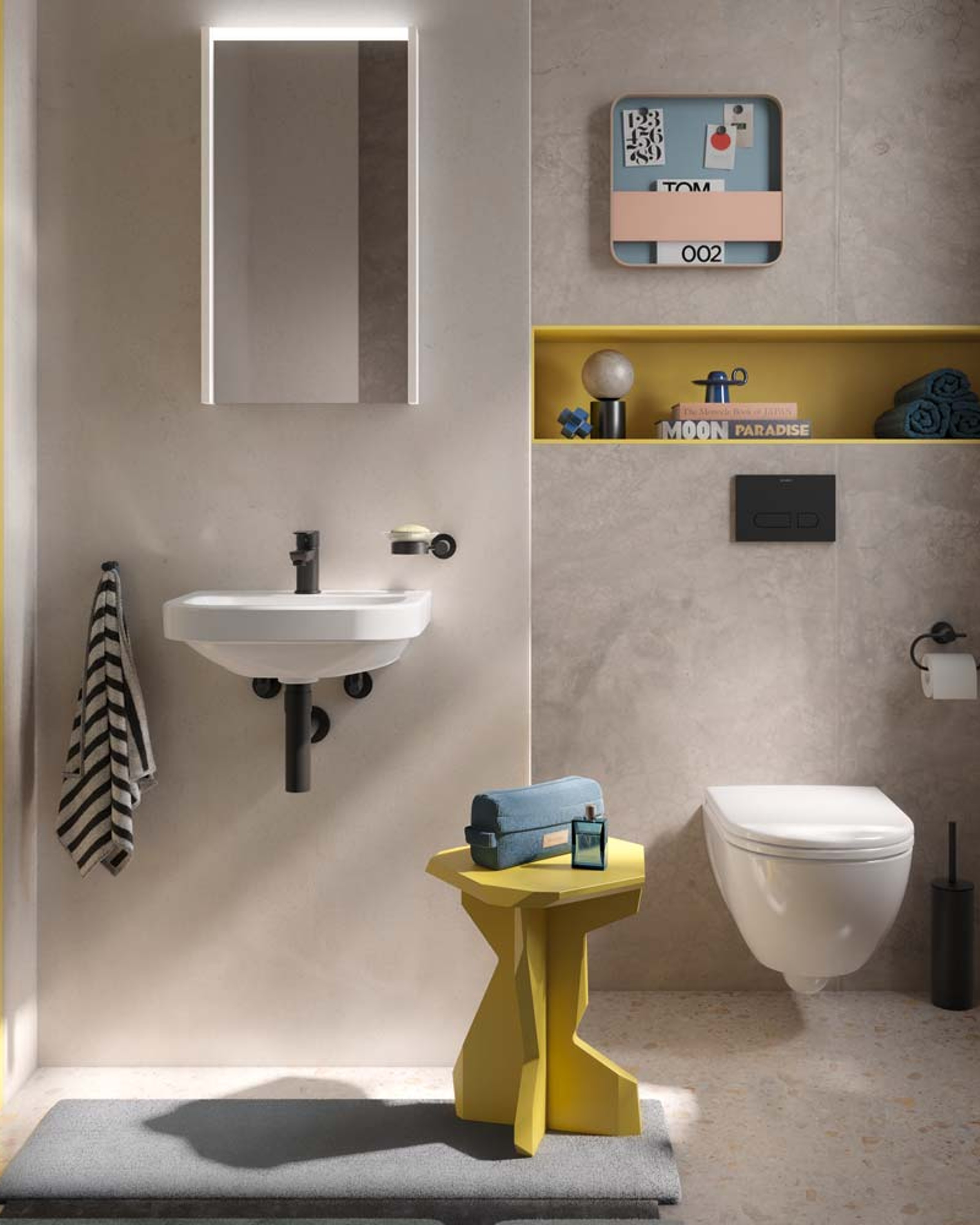 Pequeño lavabo sobre encimera Duravit No.1 con espejo encima.