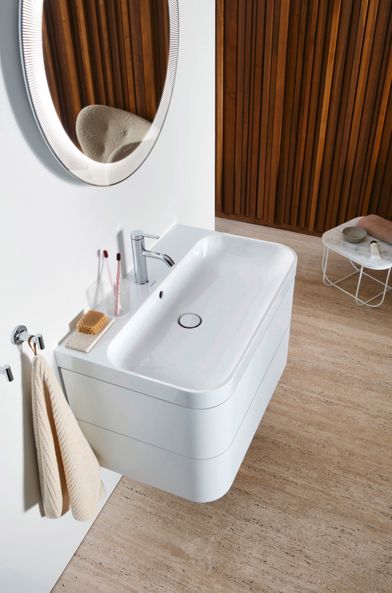 View of sink area with Duravit Happy D.2 sink and vanity unit from above 