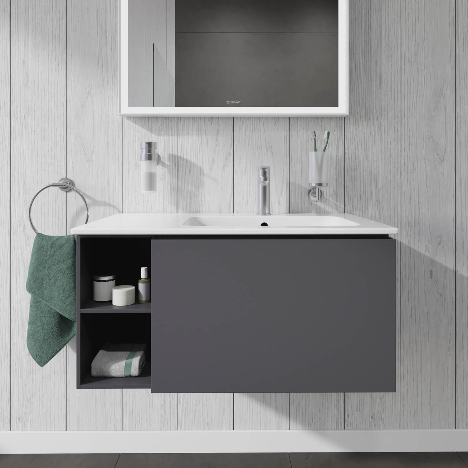 L-Cube Waschtischunterbau wandhängend mit Regalelement seitlich