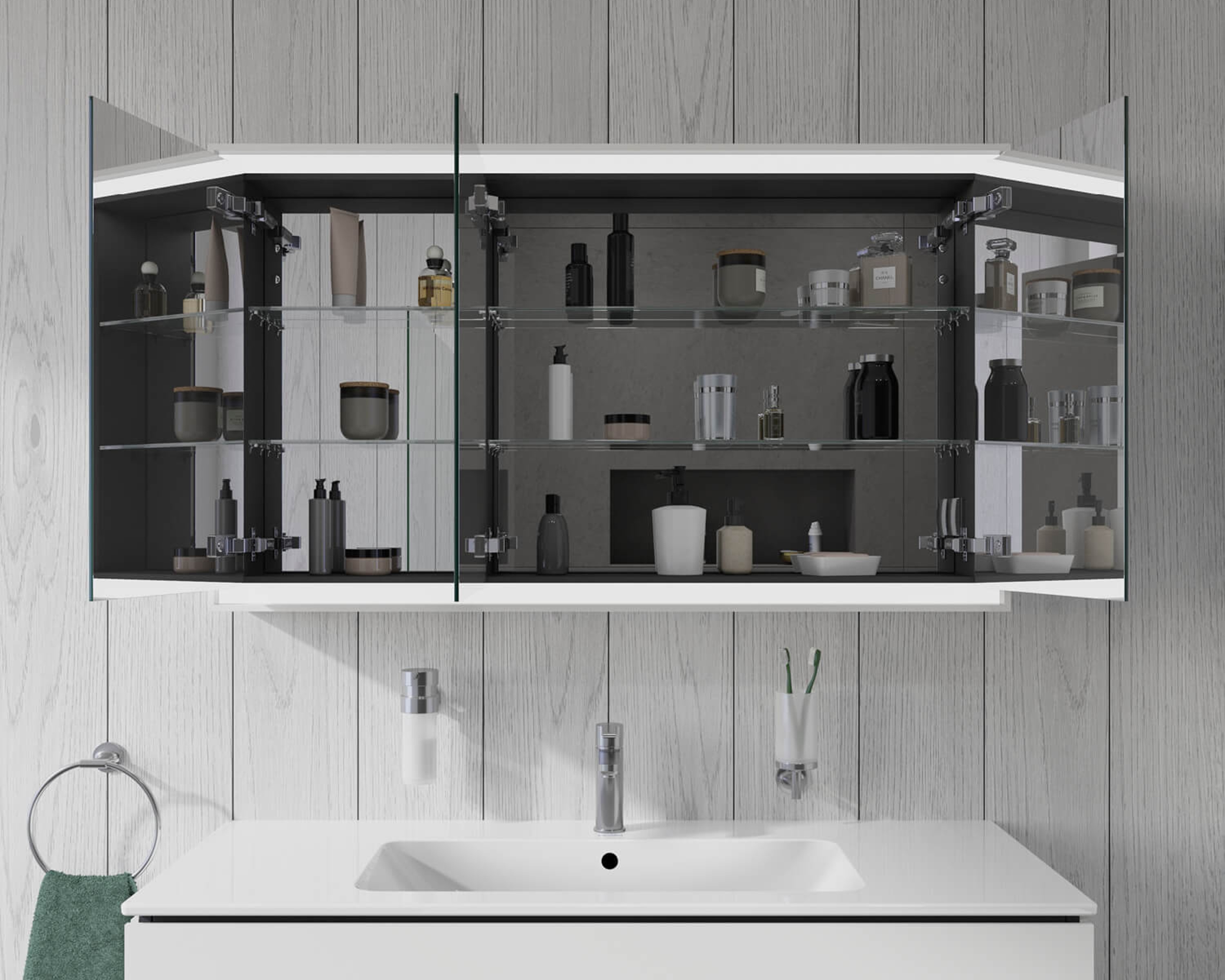 L-Cube Spiegelschrank mit von innen verspiegelten Türen