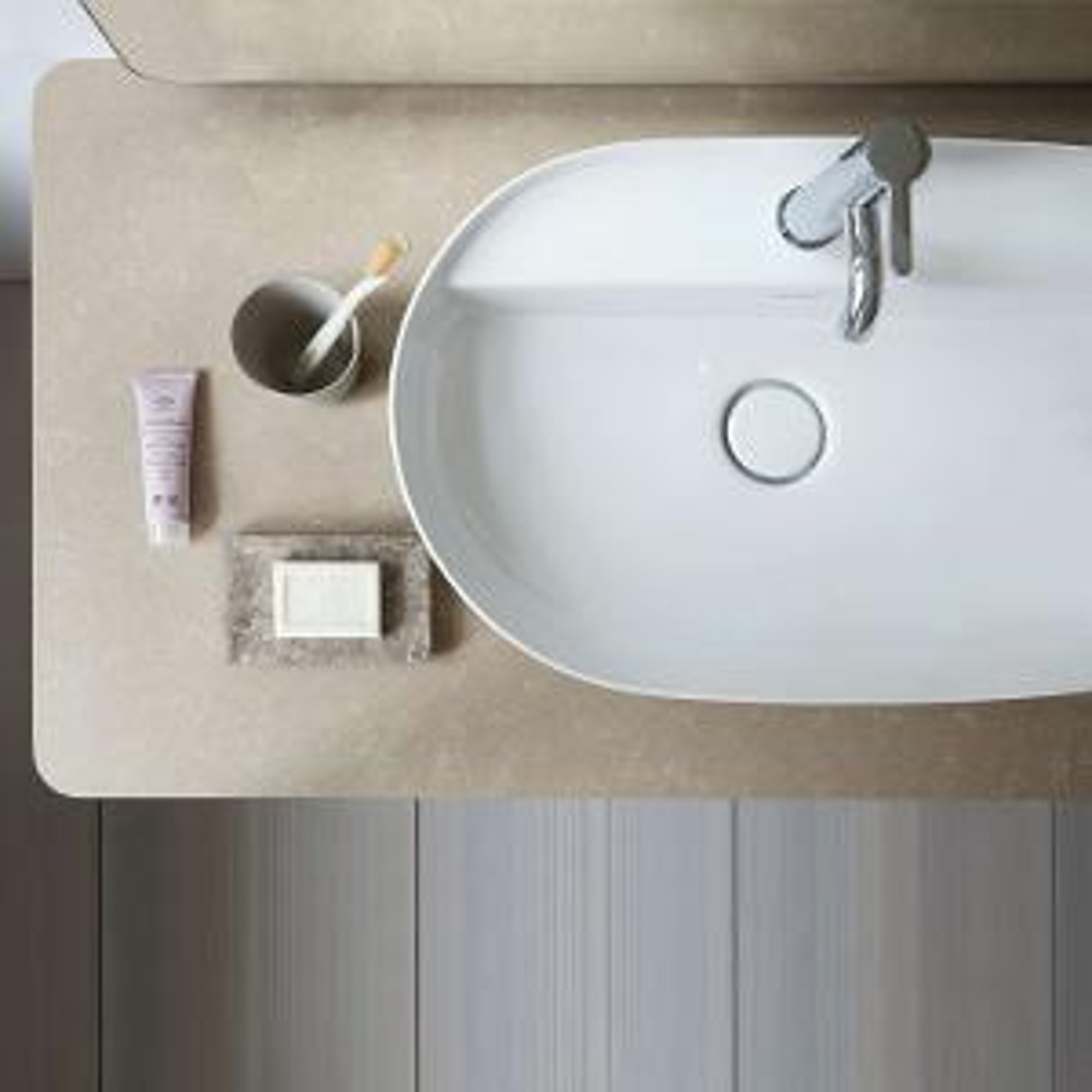 Duravit Luv countertop sink on a console from a bird's eye view