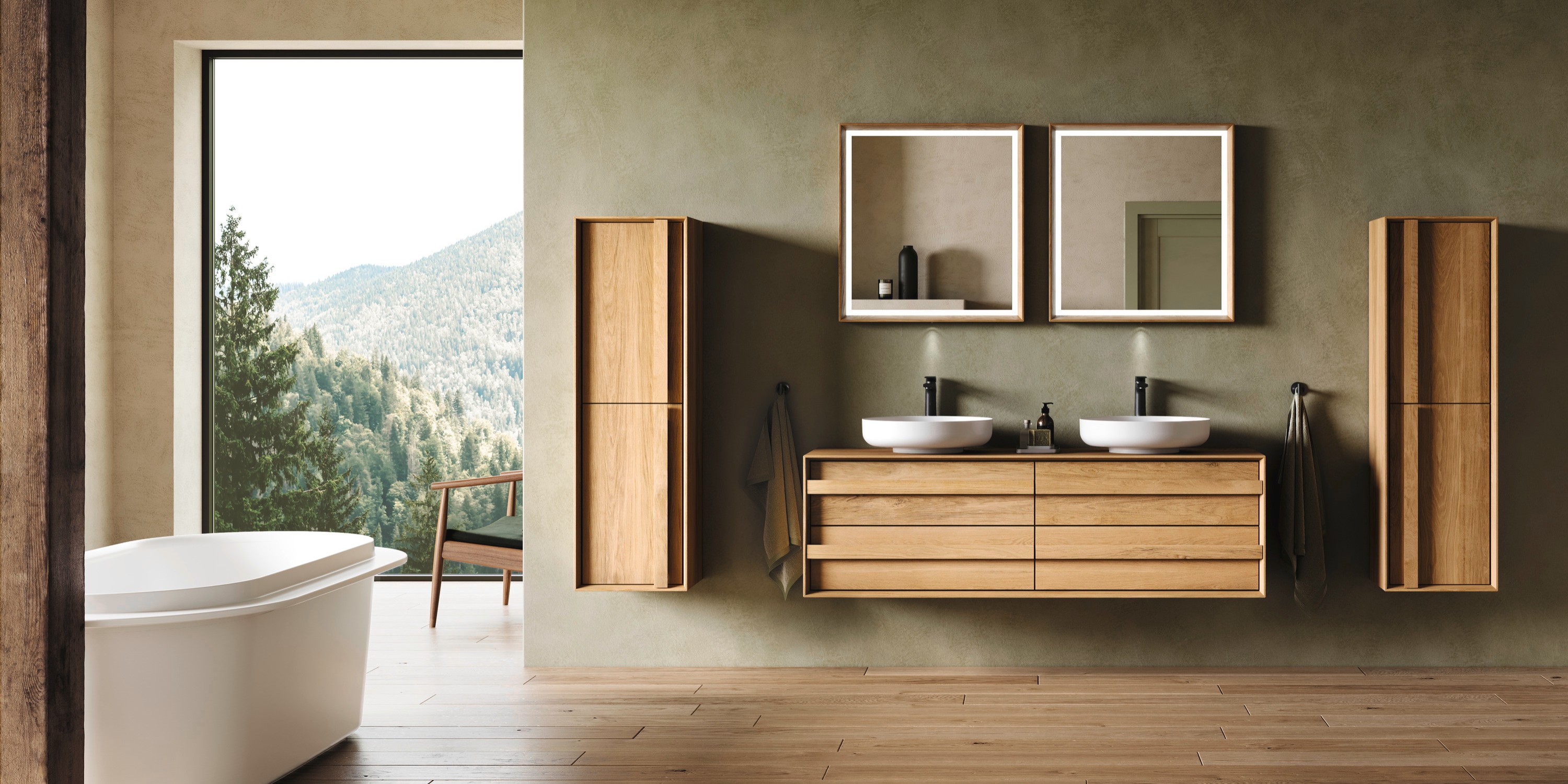 舒适的浴室配有高柜和 Duravit Ocavo 系列的洗脸盆底柜。