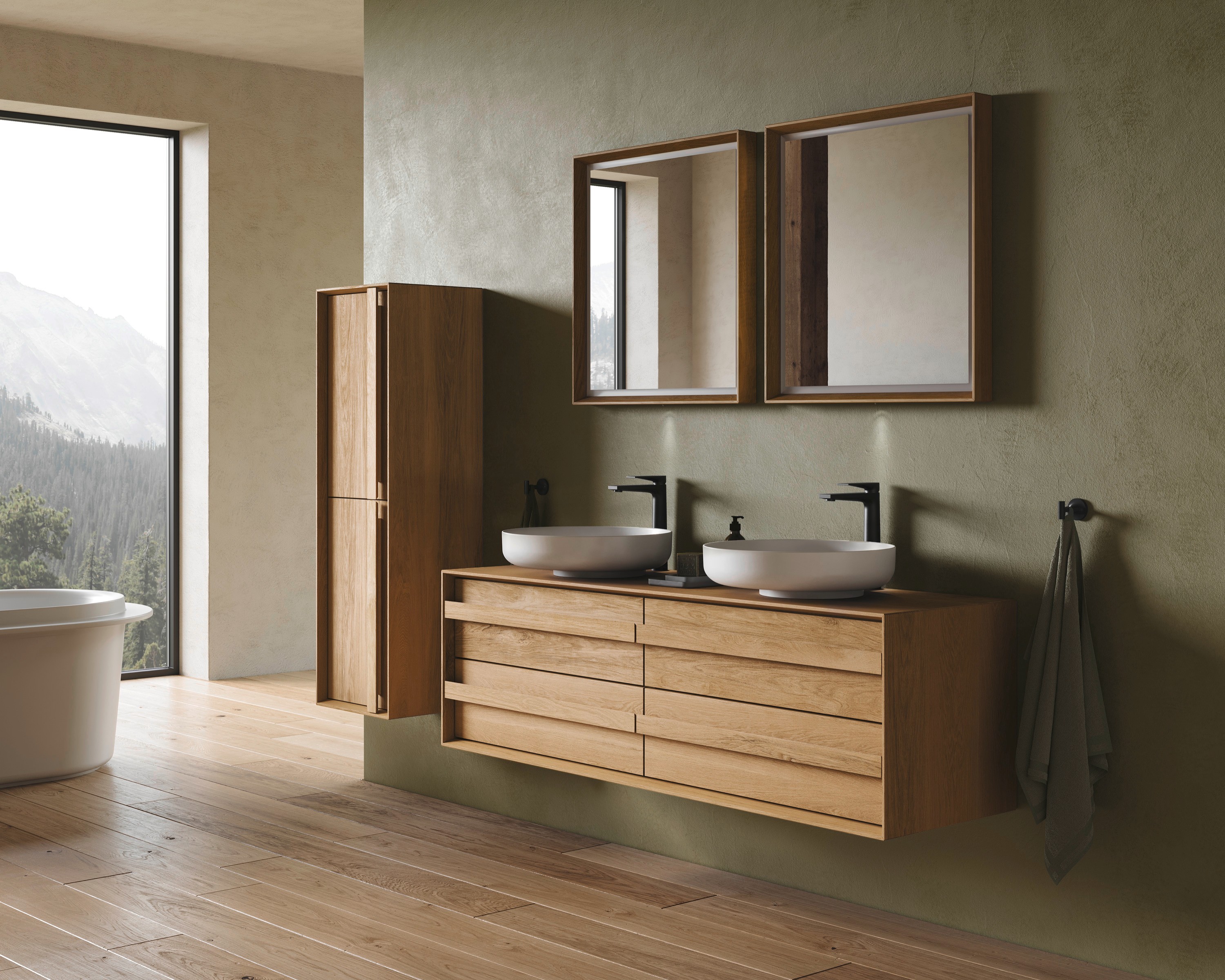 Lavabo redondo de la serie Duravit Cape Cod sobre consola de madera
