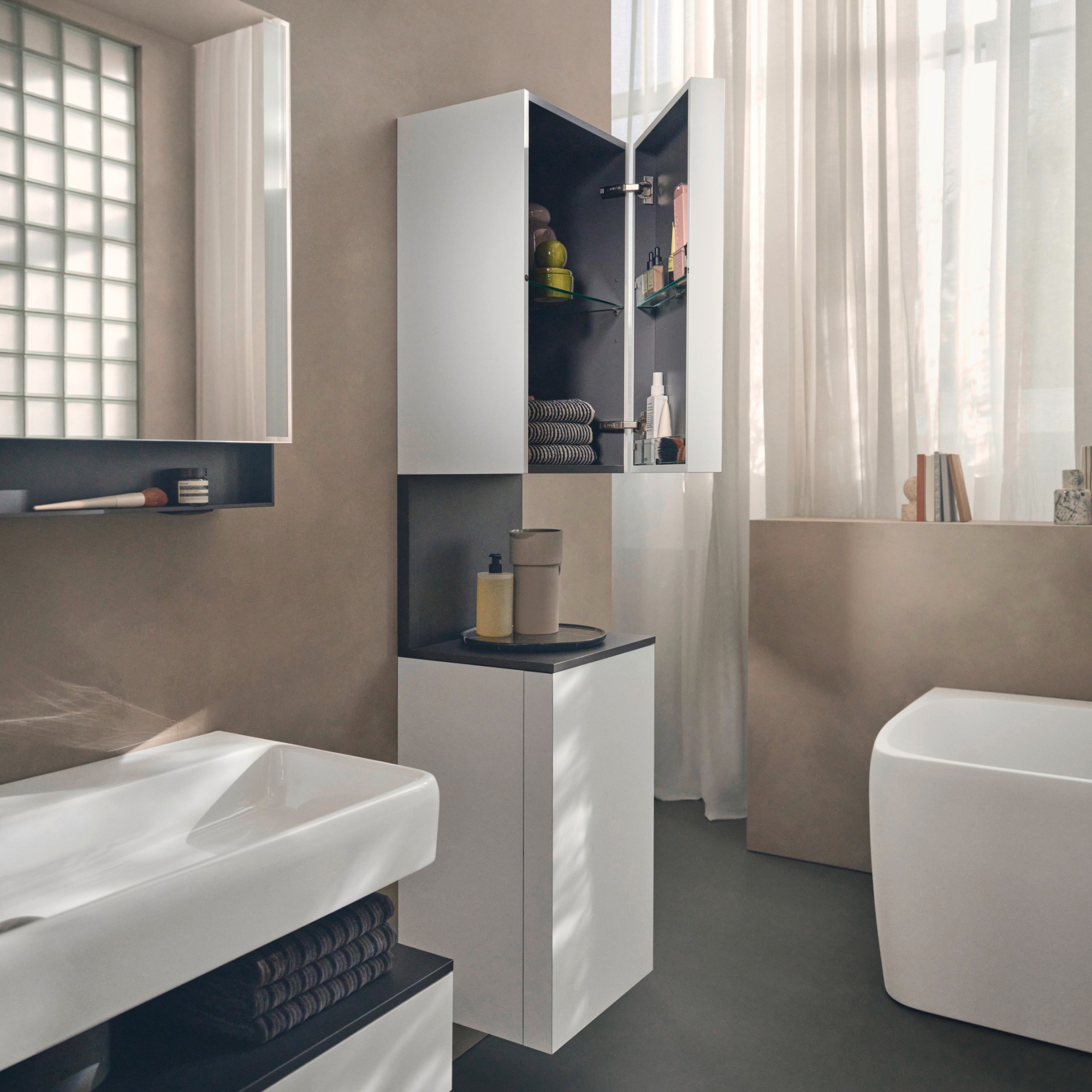 Collection One bathroom furniture with open shelves and optional lighting