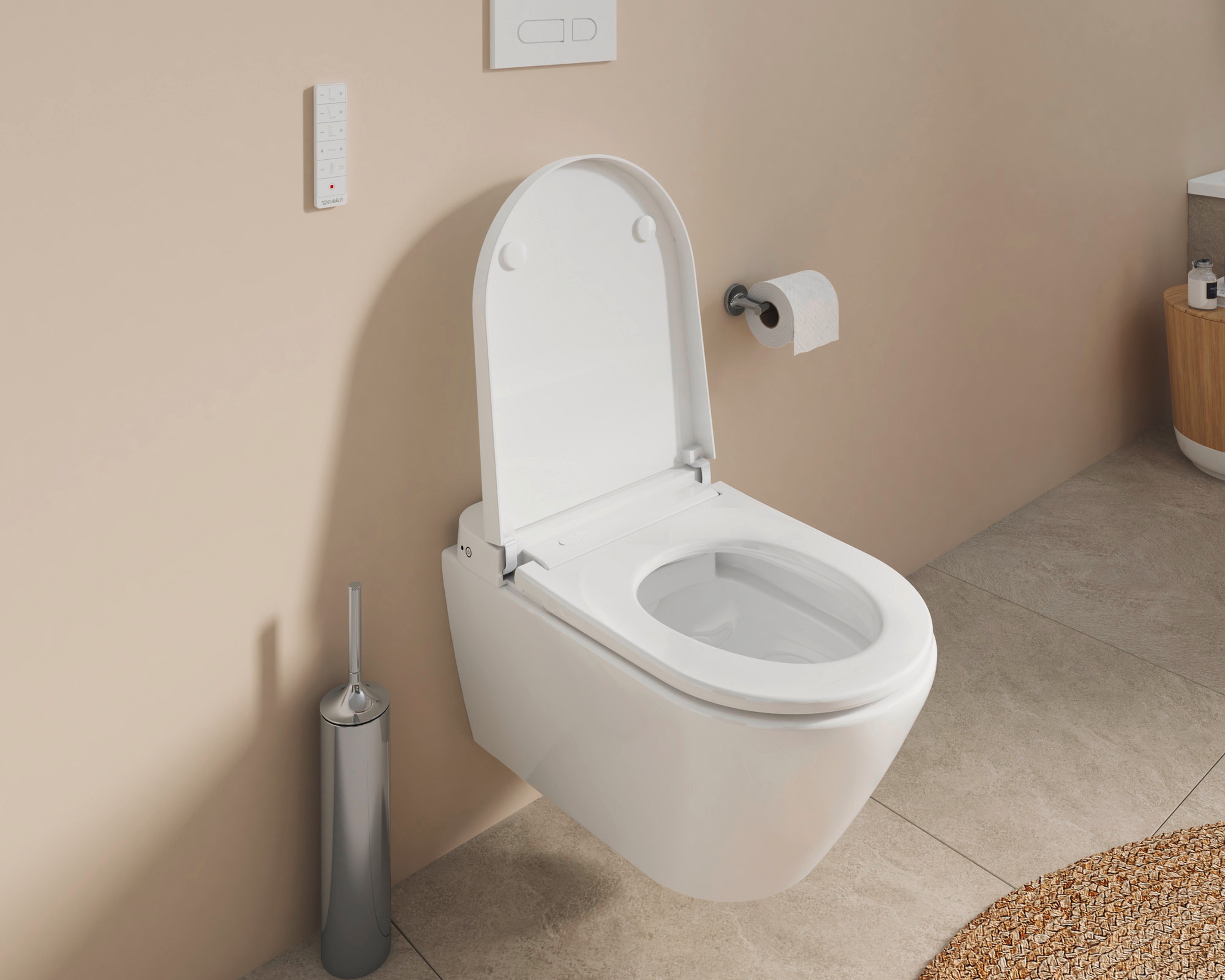 Wandhängendes Dusch-WC der Serie SensoWash D-Neo mit geöffnetem WC-Sitz