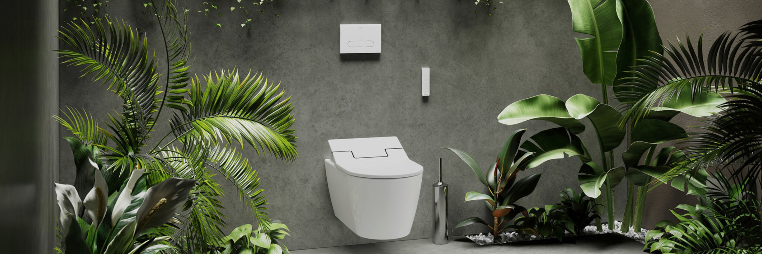 Dusch-WC der Serie Duravit SensoWash Slim umgeben von Badezimmerpflanzen