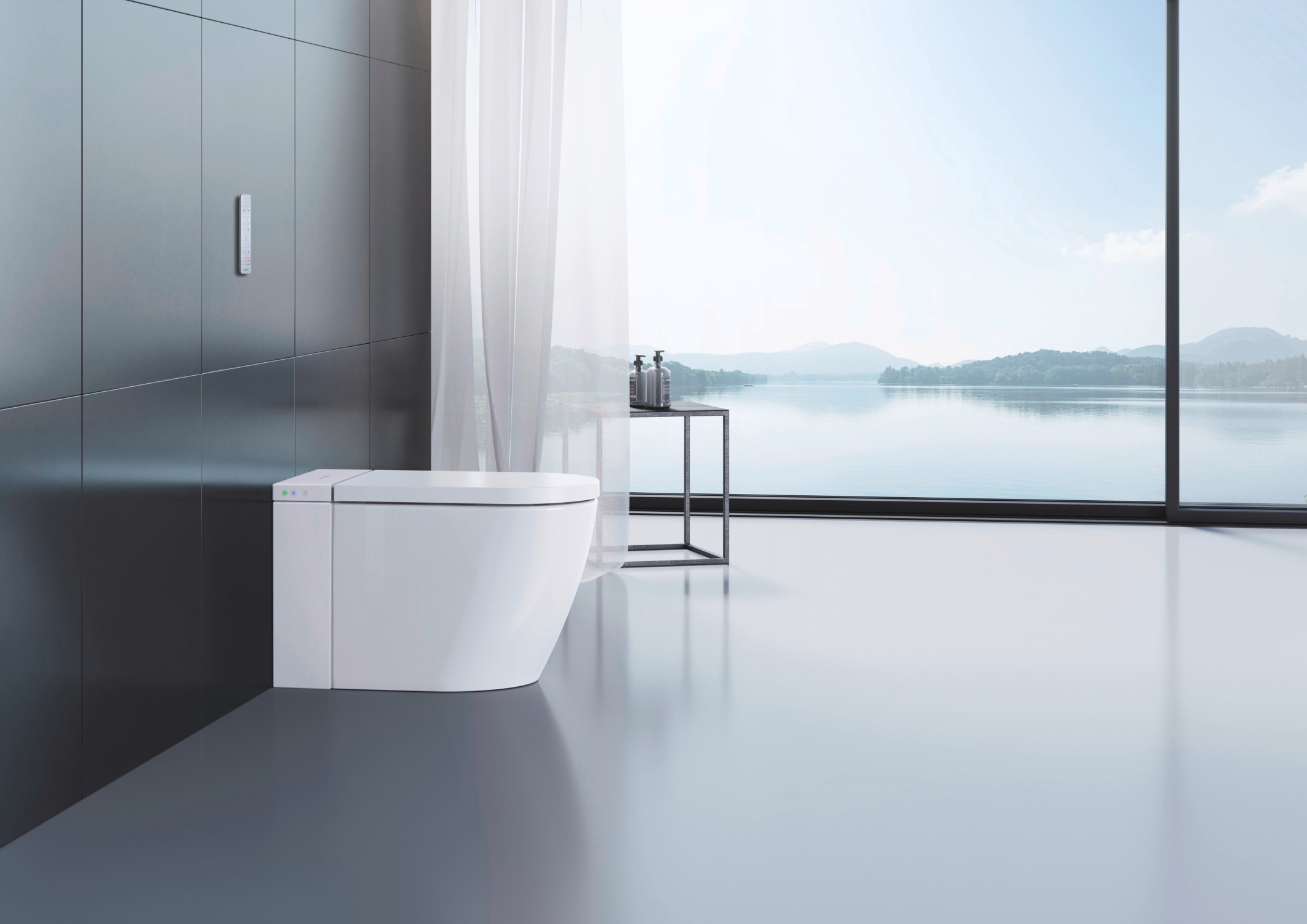 SensoWash® i floor-standing shower toilet in a modern bathroom with floor-to-ceiling windows