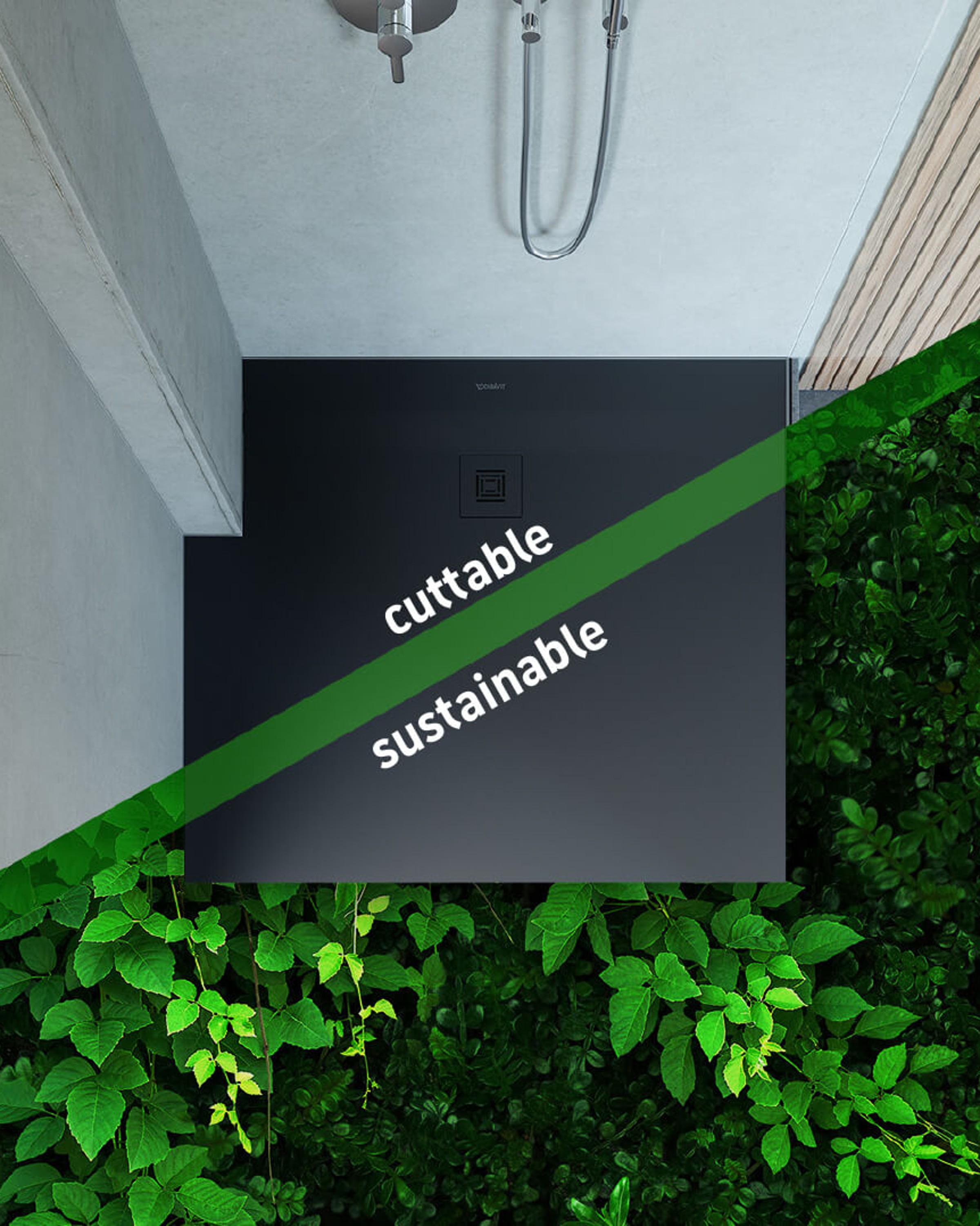 Duschwanne der Serie Duravit Sustano mit Einblendungen "cutable" und "sustainable"