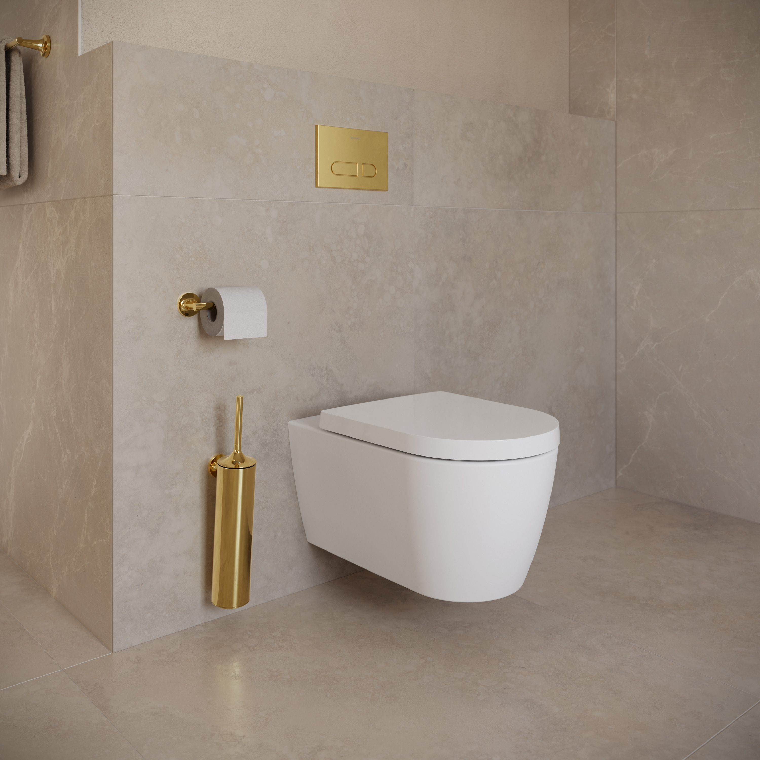 Duravit Bidet und WC mit goldenen Armaturen, Bedienplatten und Accessoires