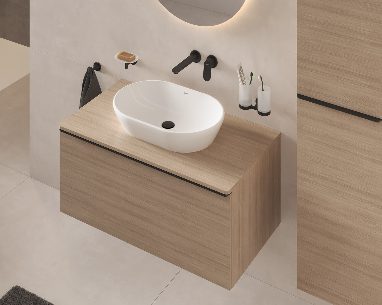 Duravit Wave-Aufsatzwaschbecken auf Waschbeckenunterschrank aus hellem Holz