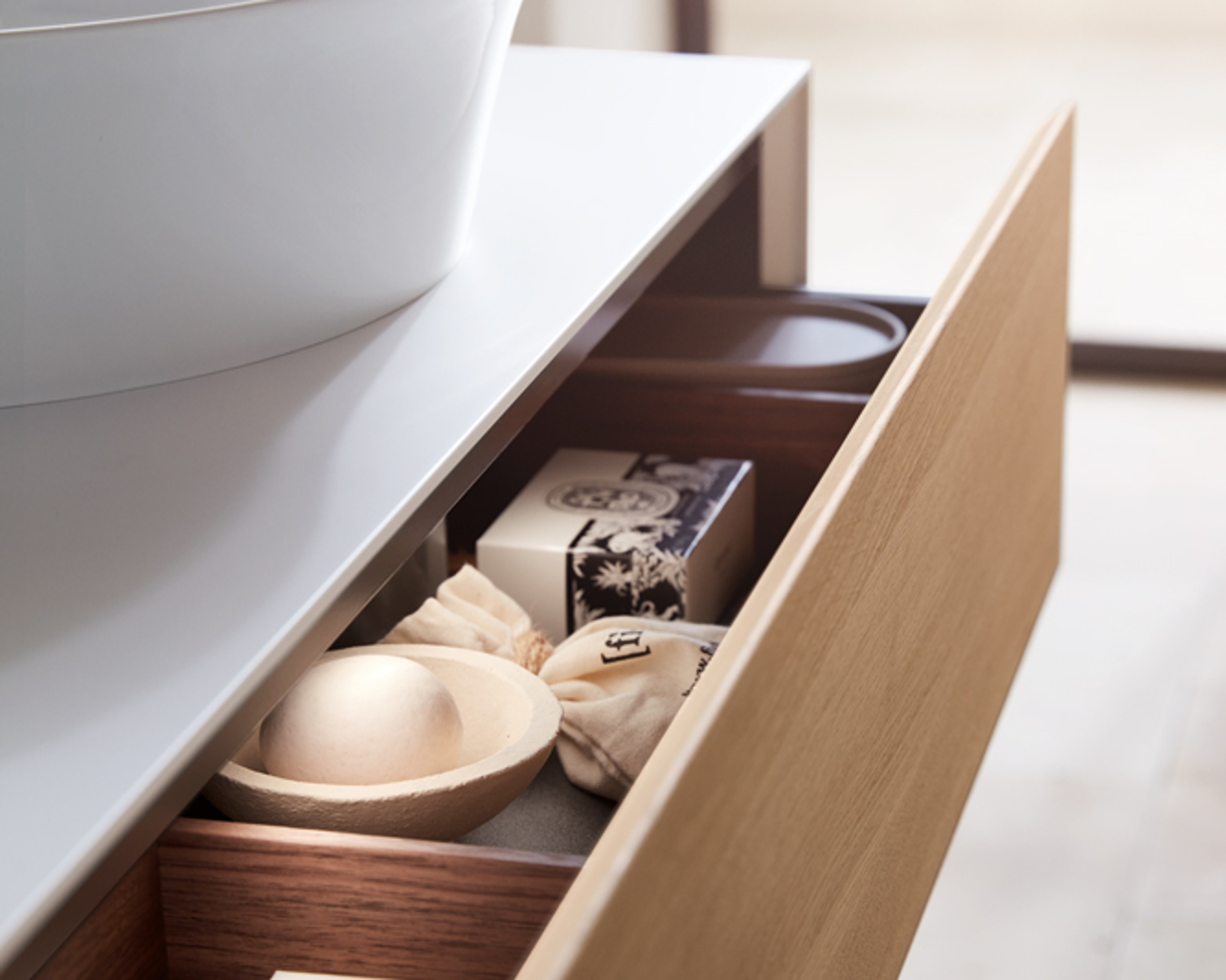 Open drawer of a vanity unit from the Duravit White Tulip series