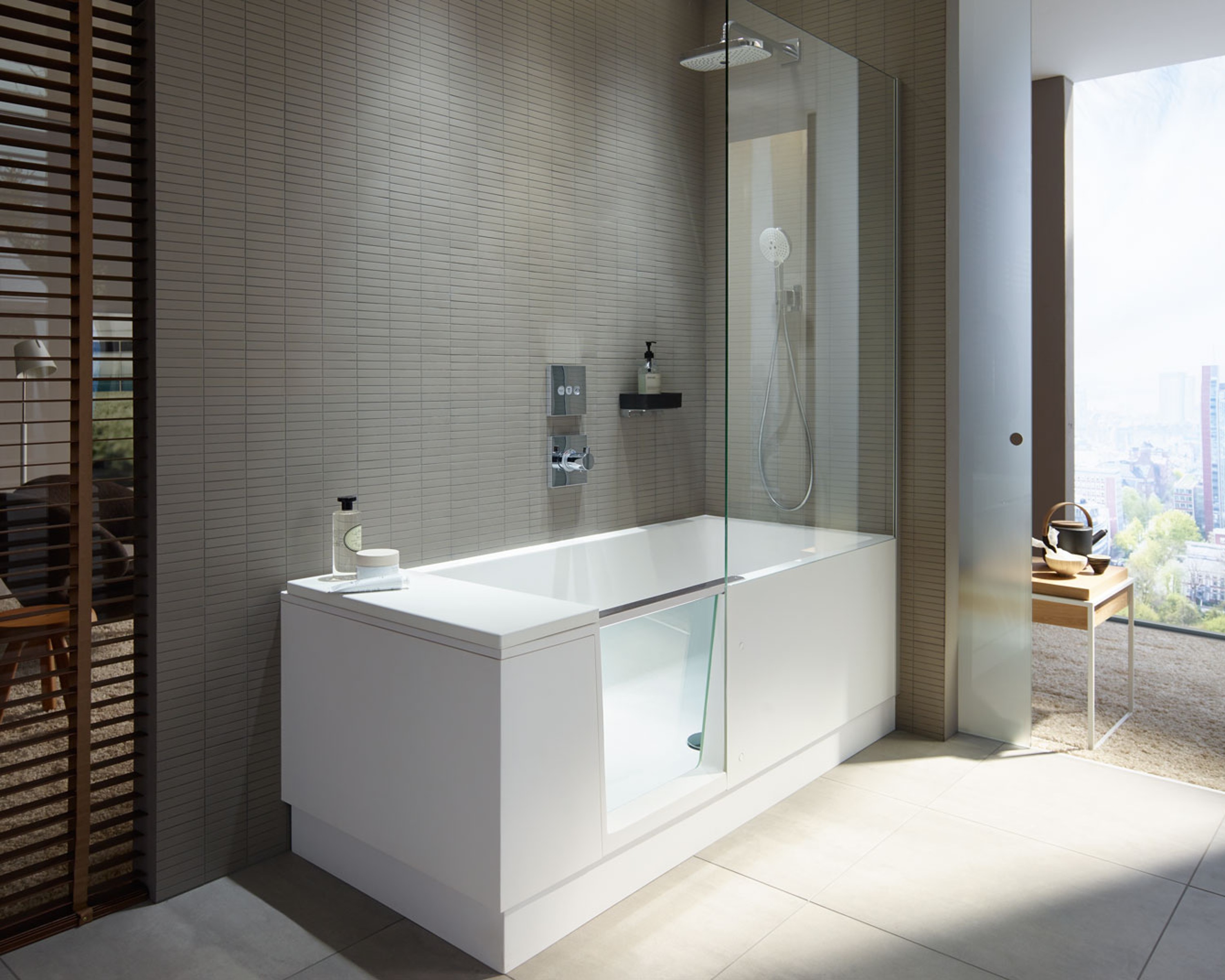 Small bathroom with shower + bath shower tub