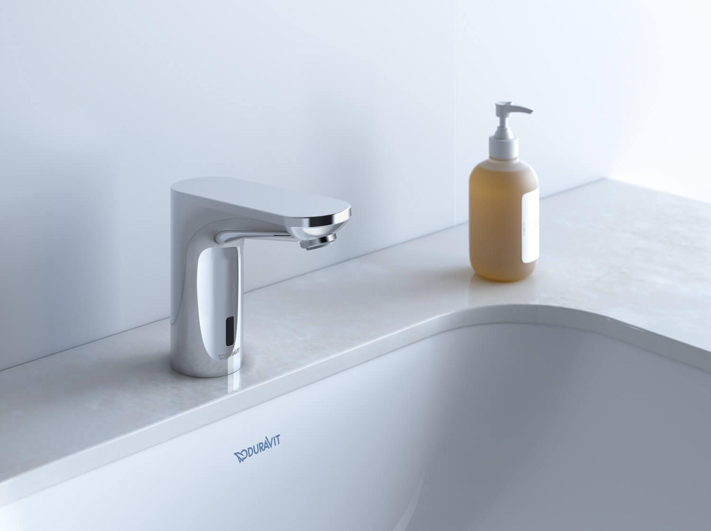 A faucet with a sensor for touch-free hand washing