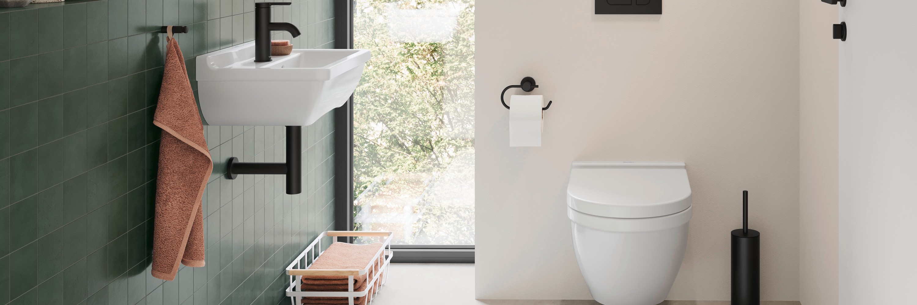 Small guest bathroom with wall-mounted toilet and sink from the Duravit Starck 3 series