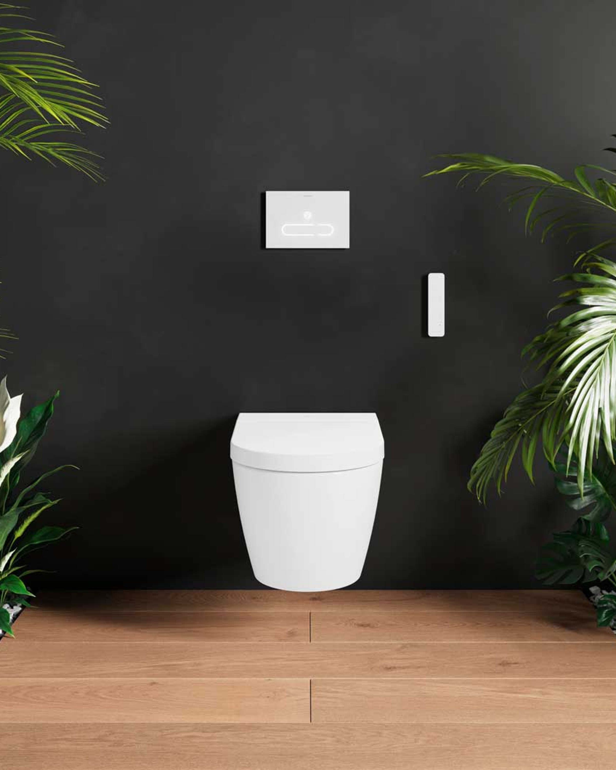 Front view of a wall-mounted toilet from the Duravit SensoWash Starck f series