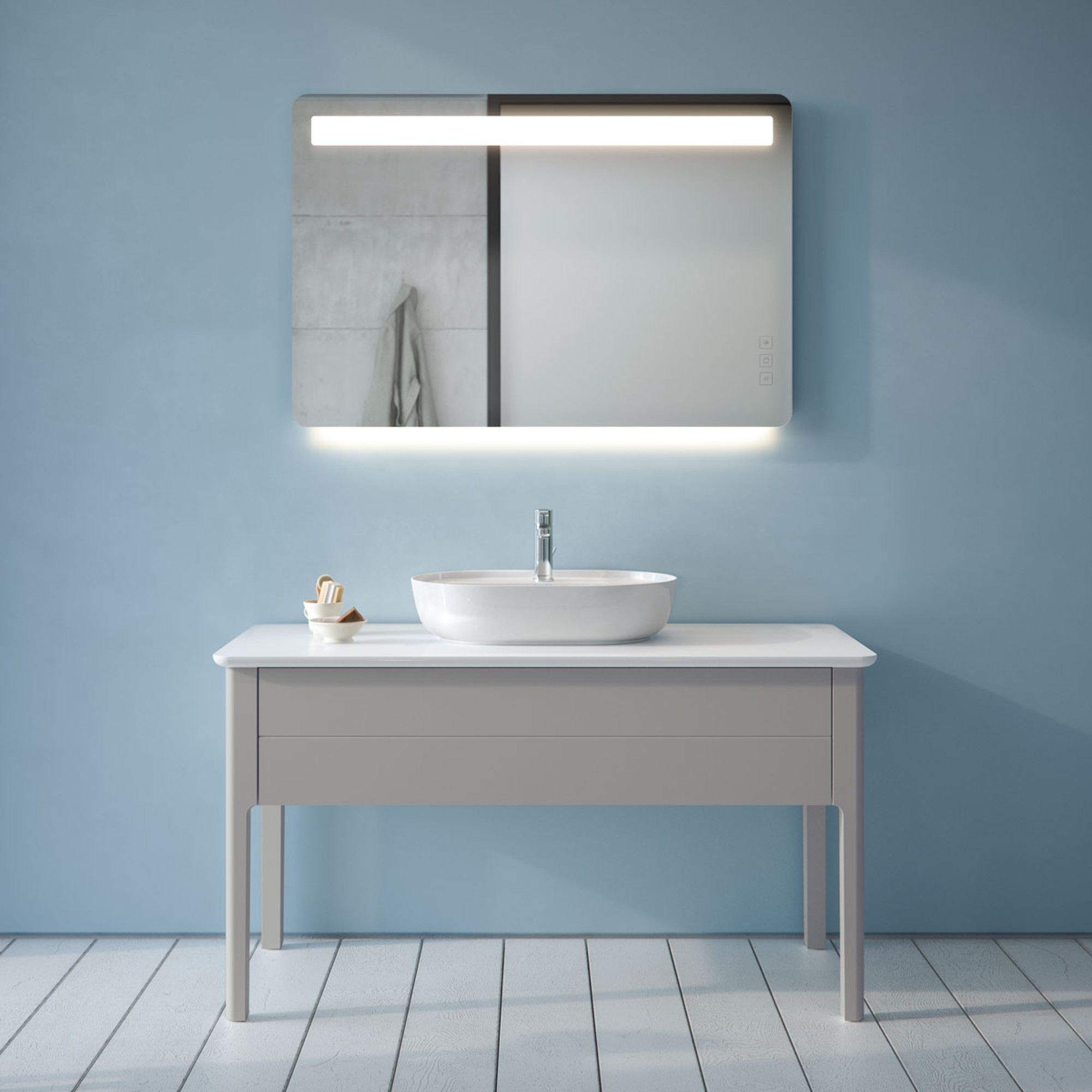 Sink area with Duravit Luv countertop basin on console in front of large mirror