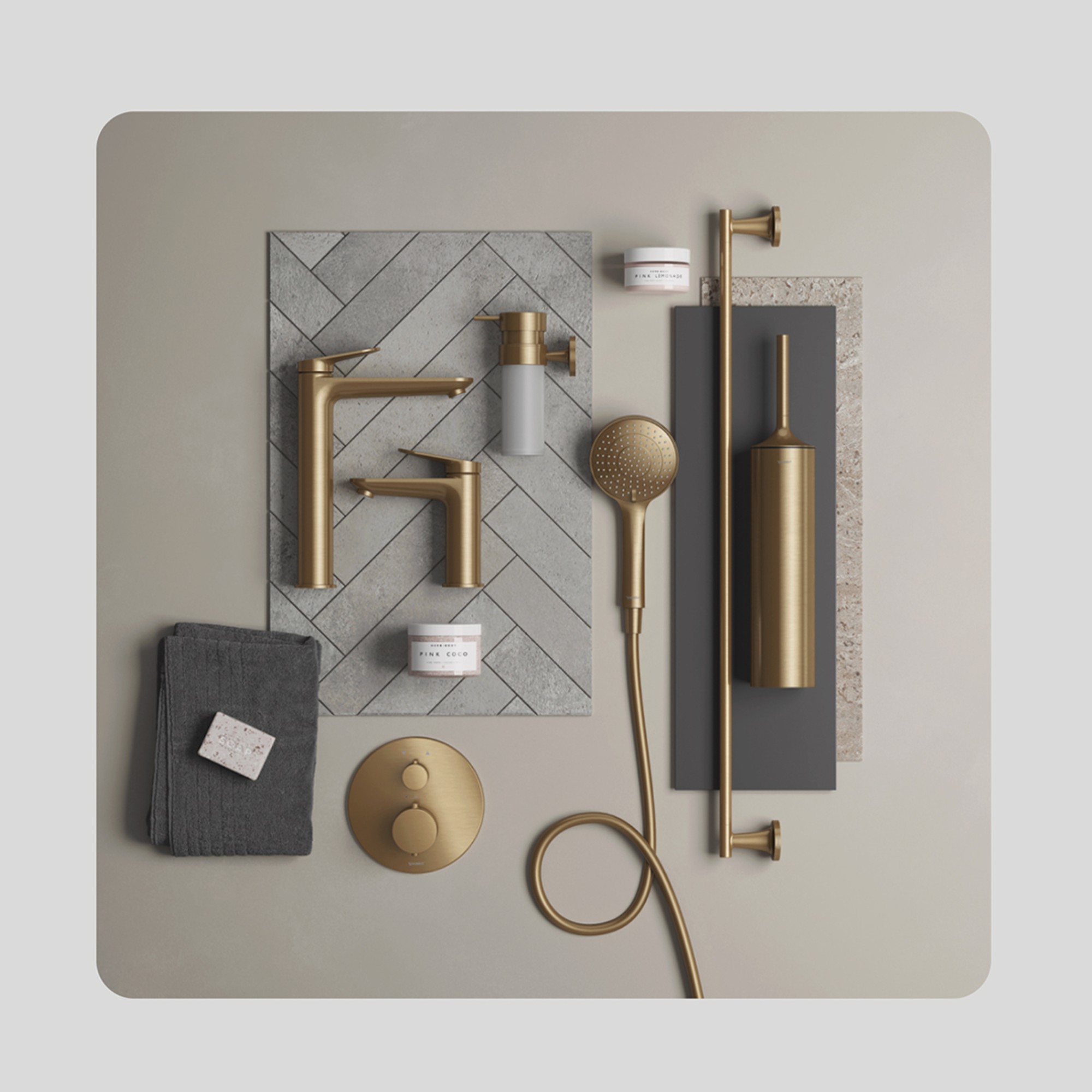 Gelegte Collage mit Duravit Produkten und Materialmustern 