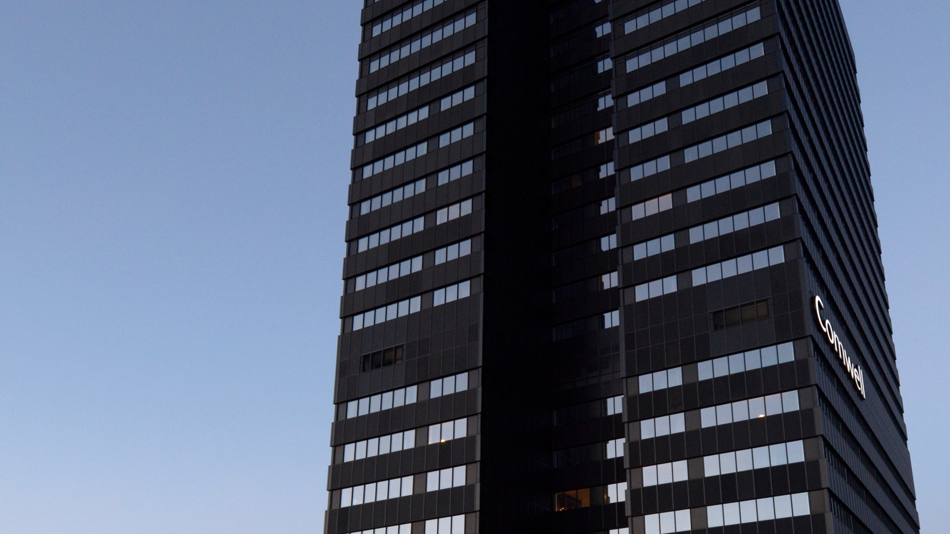 Aarhus City Tower, exterior view at dusk with lighting