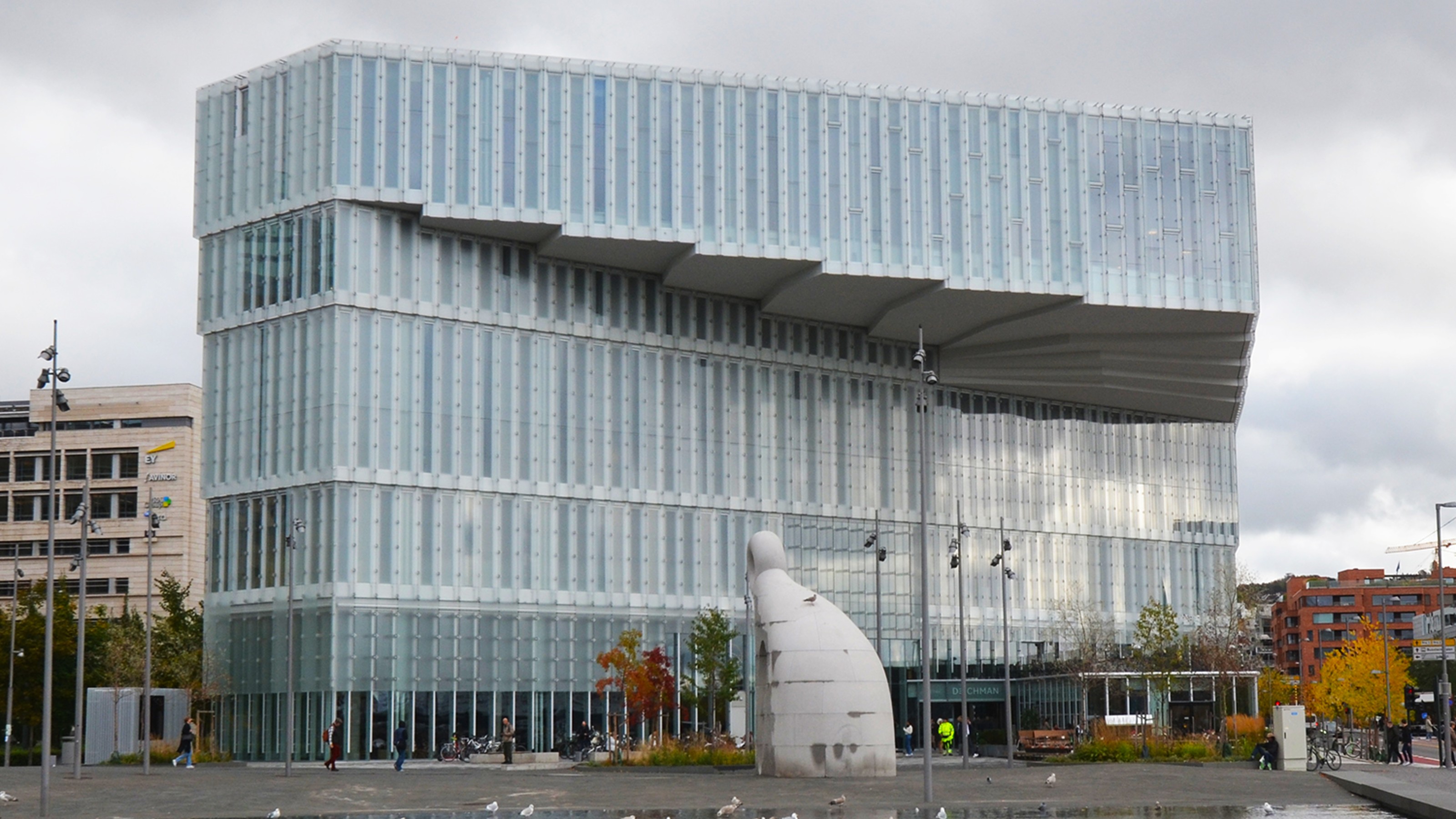 Deichman Library Oslo, exterior view of the building with pond in the foreground