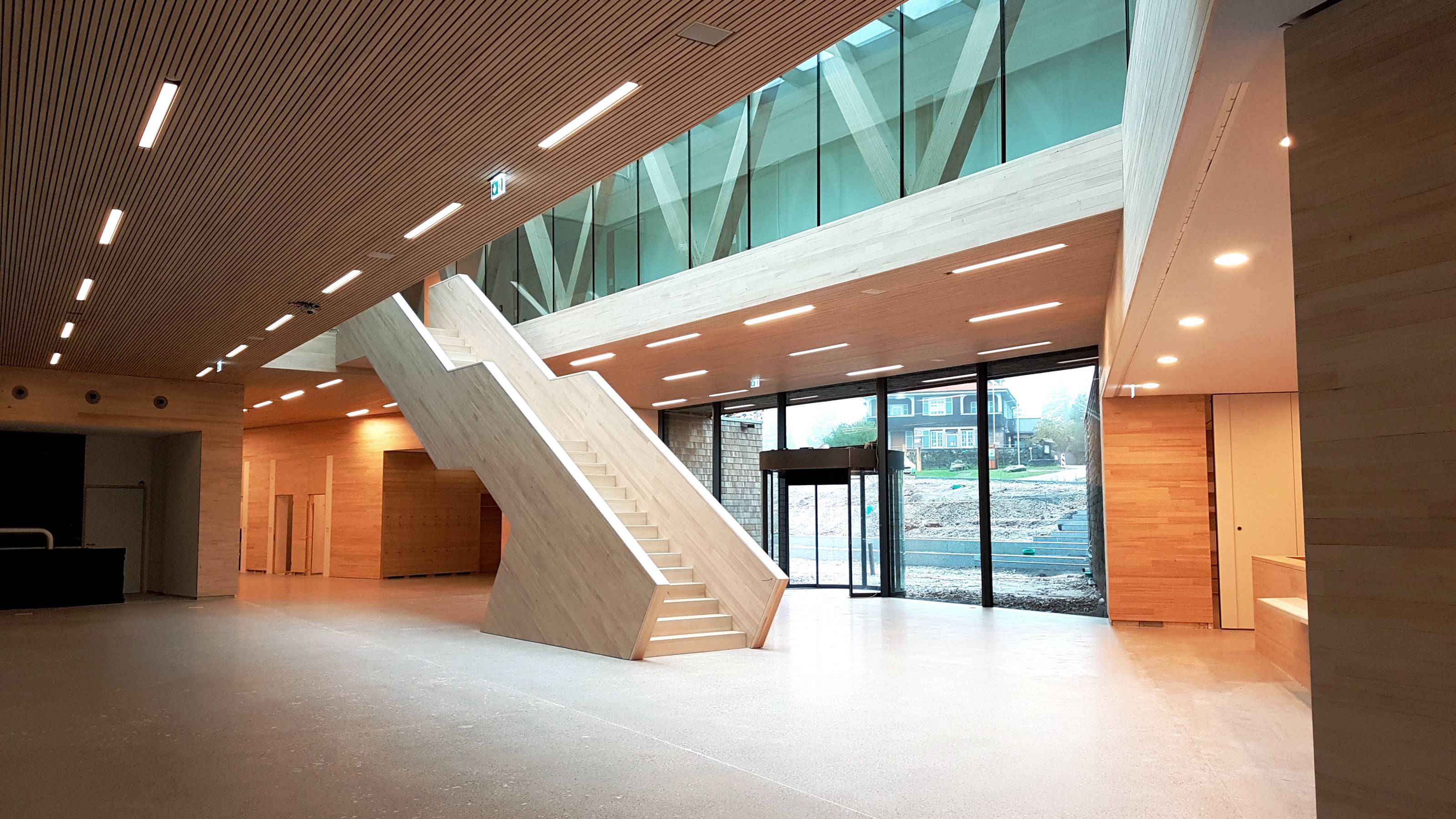 The Ruhestein National Park Centre, interior view of the building, entrance area with staircase