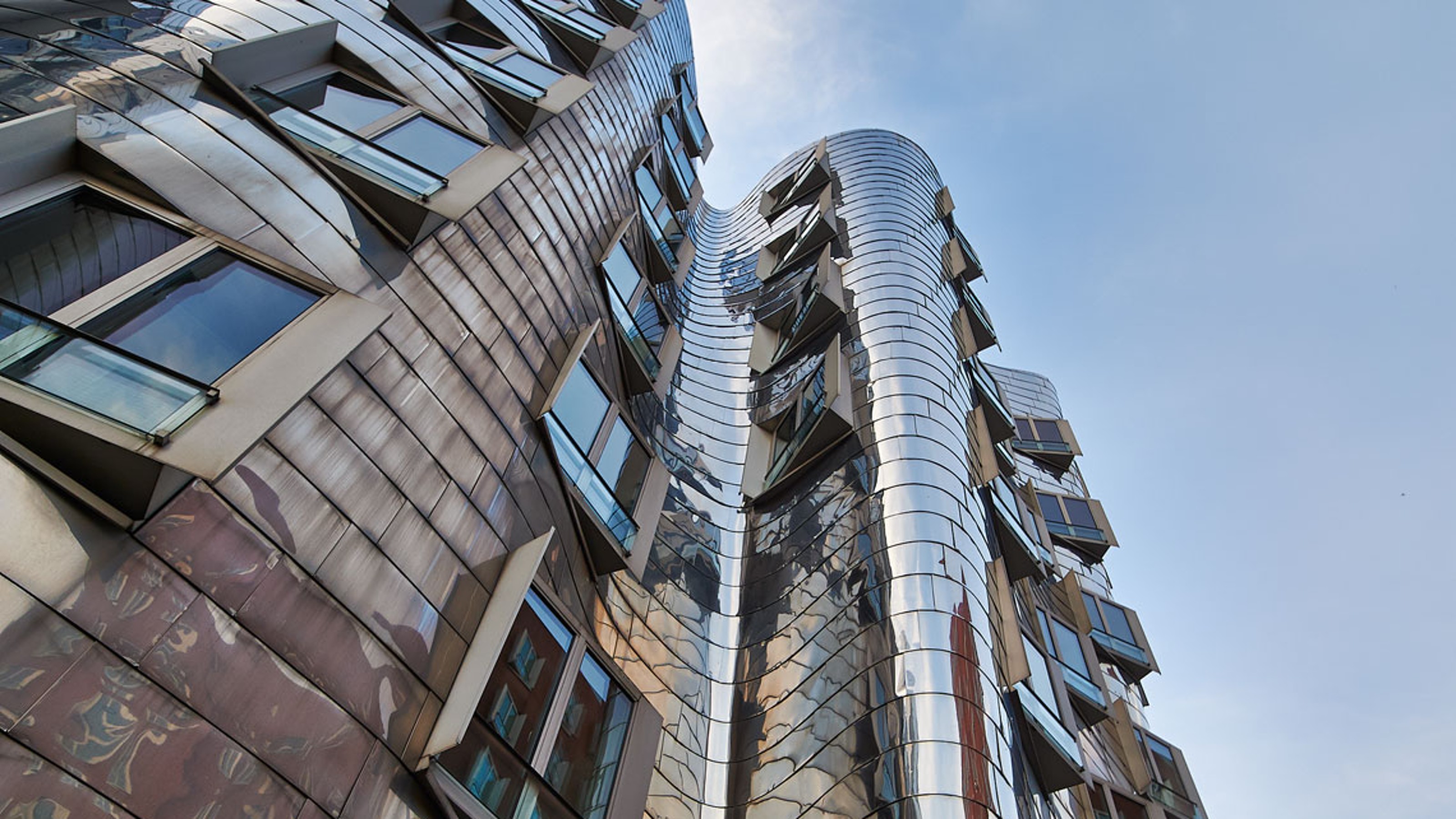 Neuer Zollhof, exterior view of the building from a low angle
