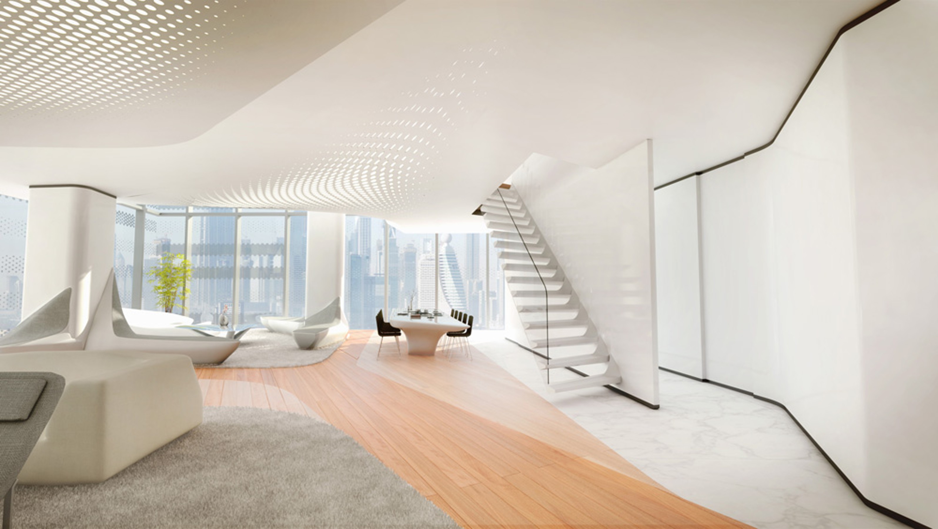 The Opus, view of the building from the inside, stairs on the right, dining area in the centre, living area on the left