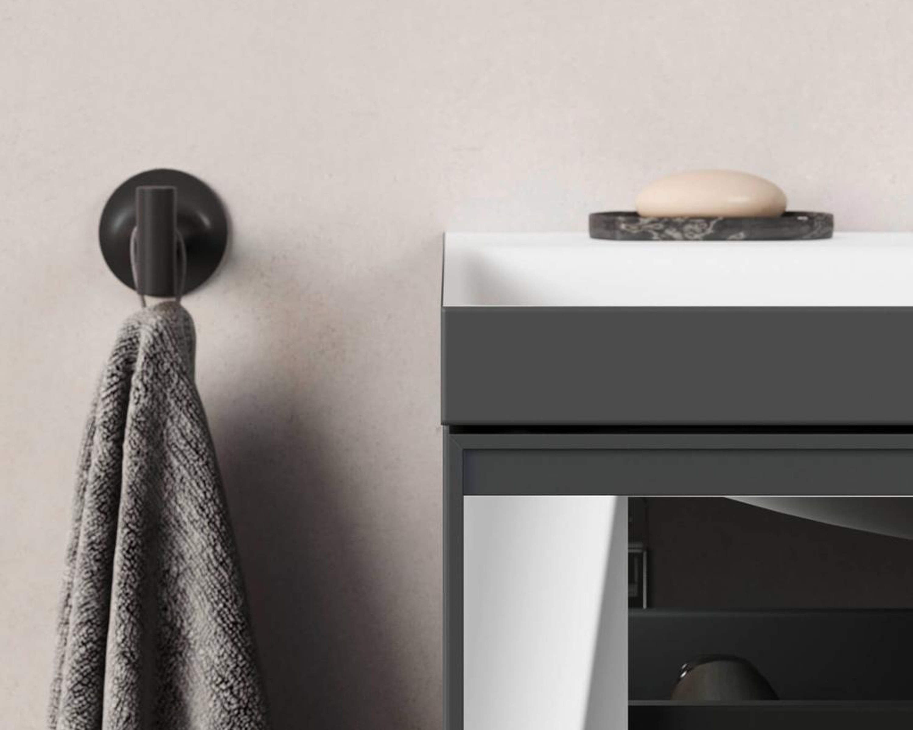 Vanity from the Vitrium series, next to it a Starck T towel hook