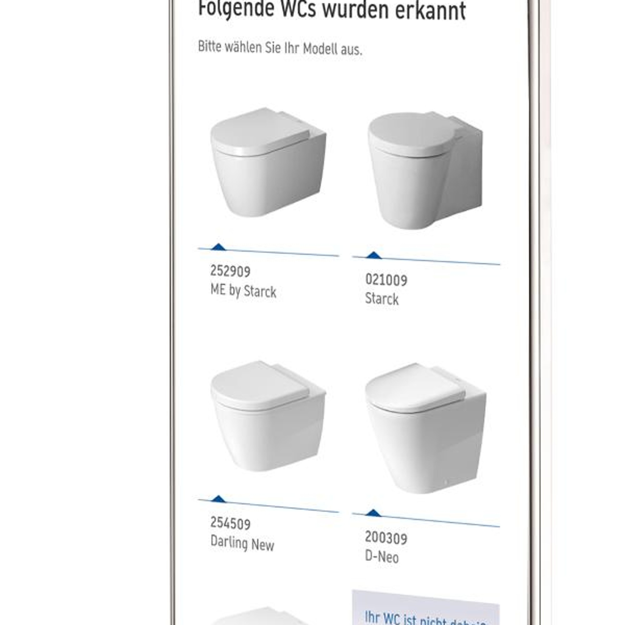 Smartphone das den zweiten Schritt des WC-Sitz Finders anzeigt.