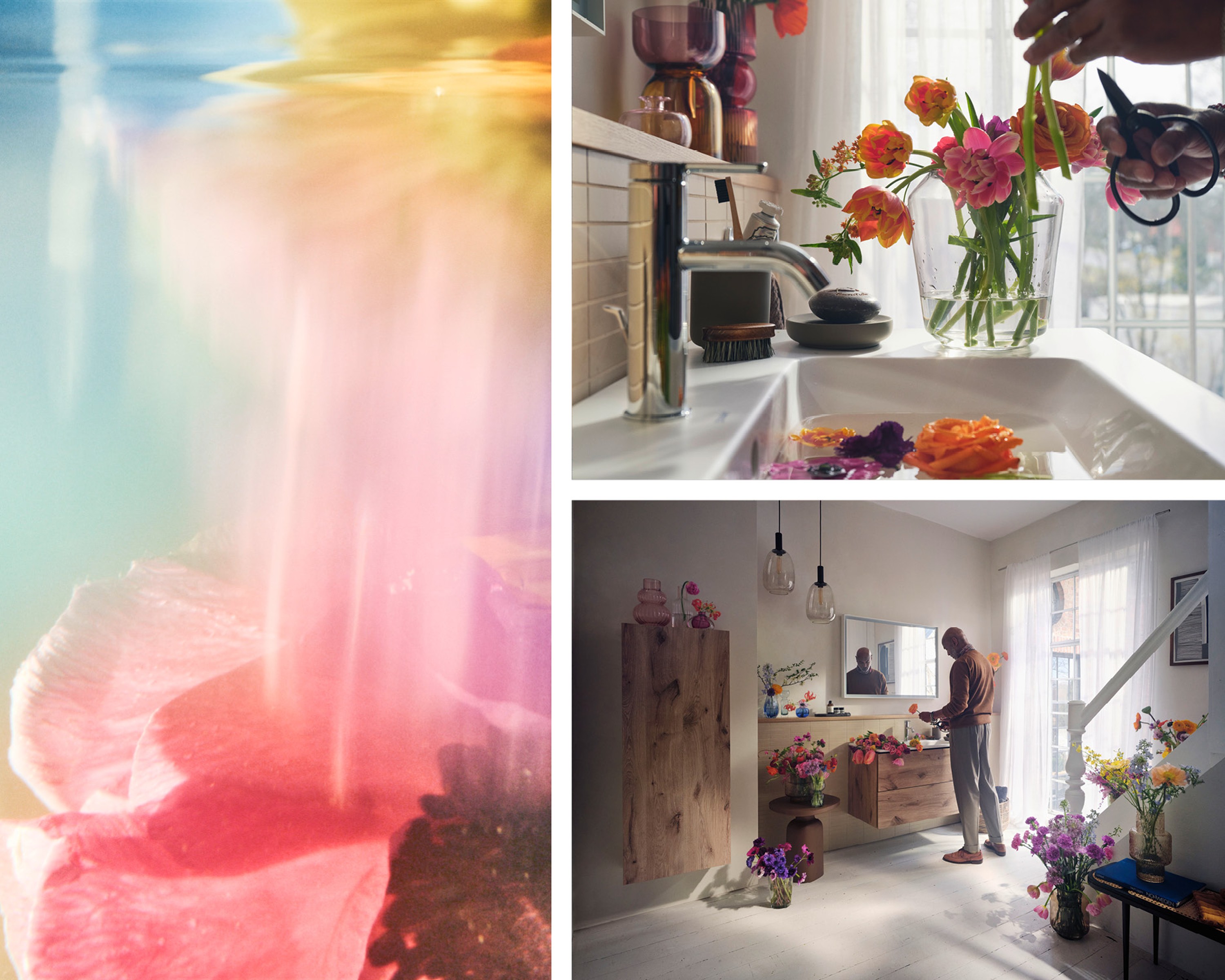 Collage: Mann schneidet Blumen am Waschbecken.