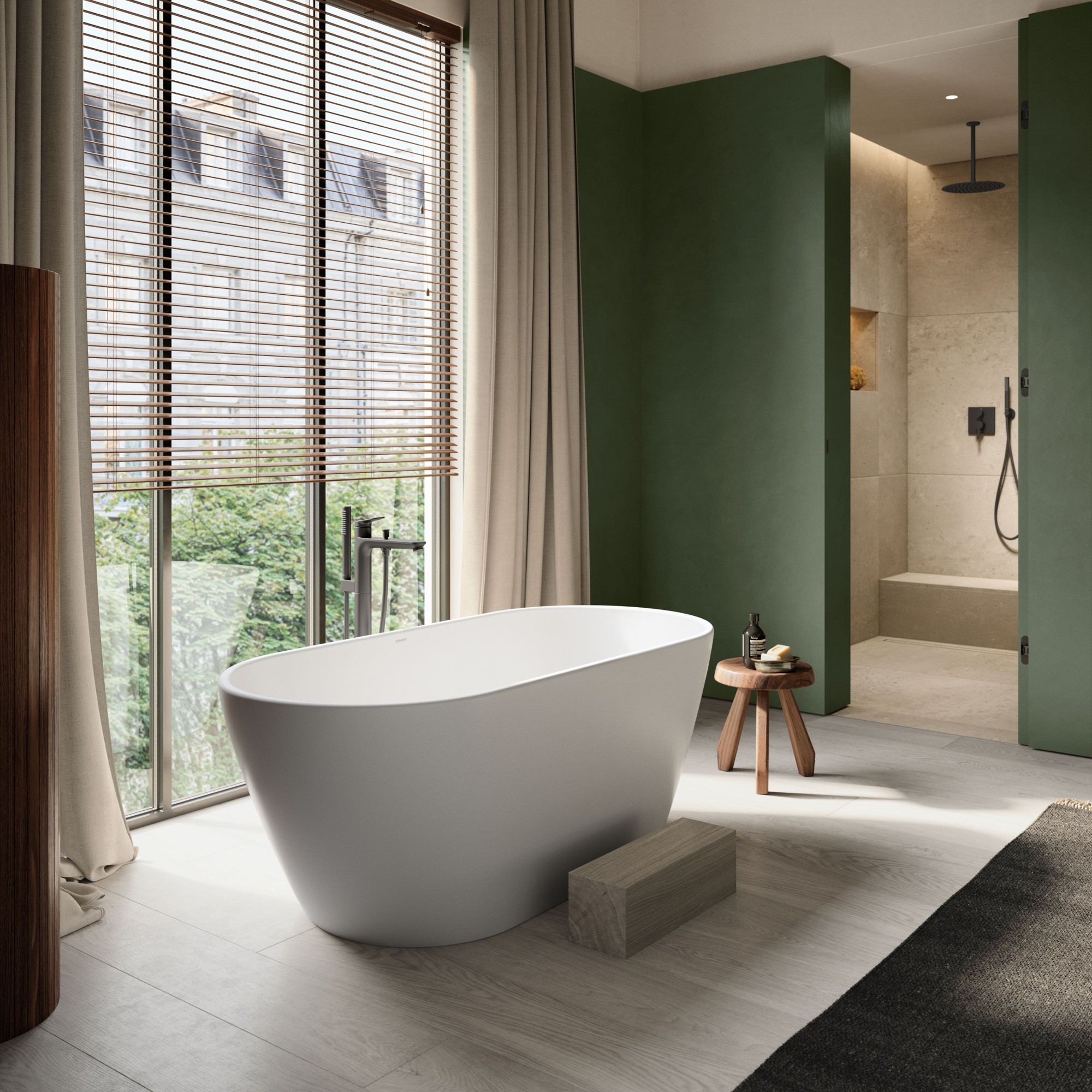 Duravit freestanding D-Neo bathtub, situated in a serene setting, surrounded by large windows with blinds and wood accents